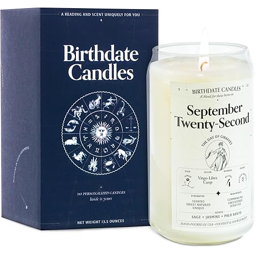 The Original Birthdate Candles, September 22 - Virgo Zodiac Scented Candles Birthday Gift - Sage, Jasmine & Palo Santo Scent - All-Natural Soy & Coconut Wax, 60-80 Hour Burn Time - Made in USA