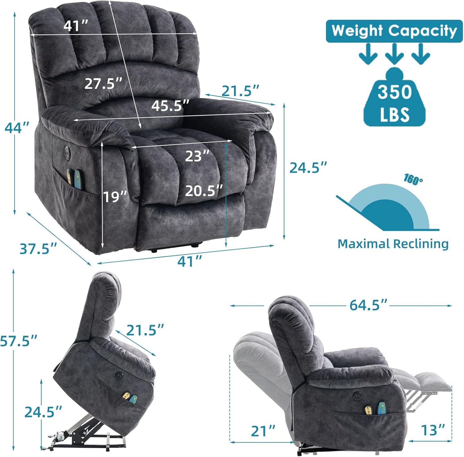 Large Power Lift Recliner Chair with Massage and Heat for Elderly Big Man, Extra Wide & Oversized Electric Recliner W/Remote Controls, USB Ports & Side Pockets, Velvet Fabric (Grey)