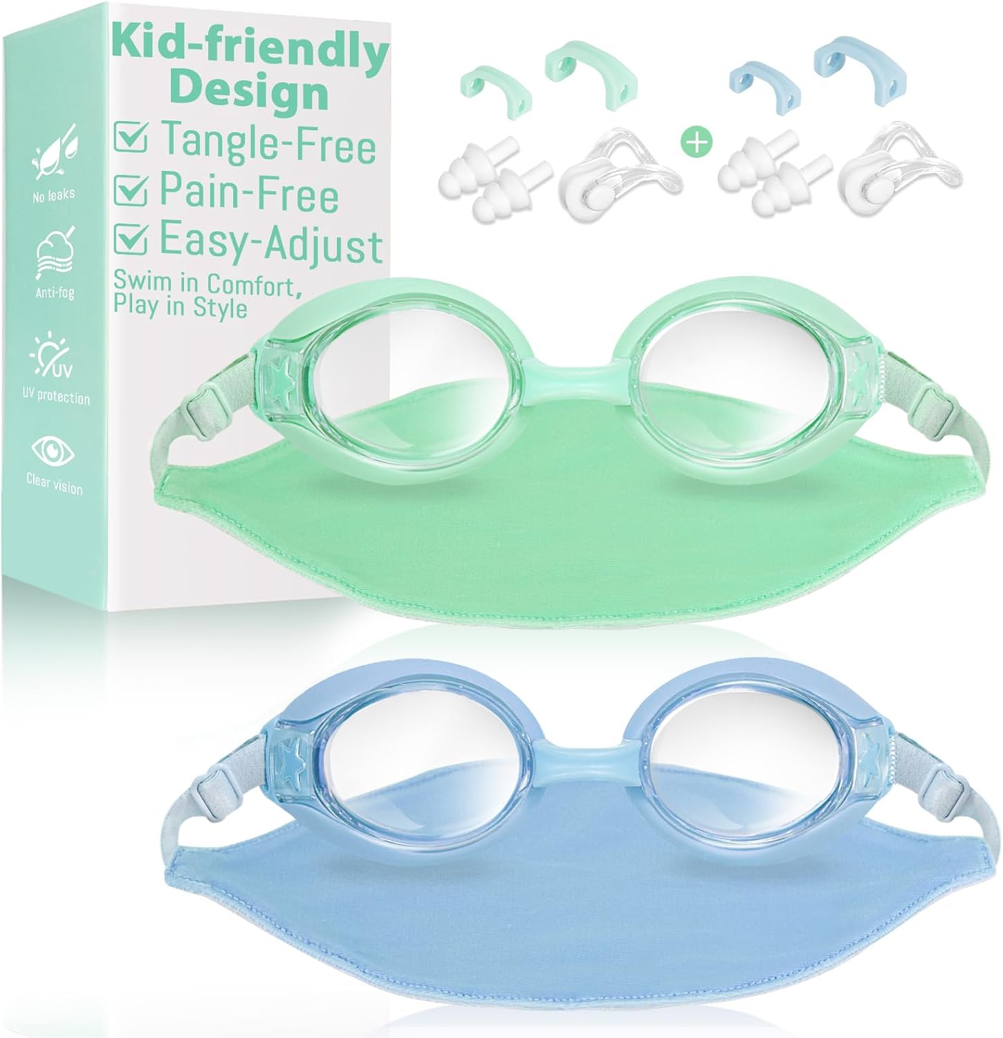 Pixel Panda 2 Pack Kids Swim Goggles with Fabric Strap for 3-14 Anti-Fog Anti-UV, No Leak No Hair Pulling Swimming Goggles