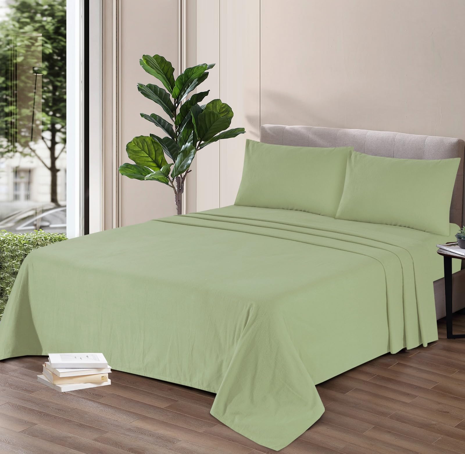100% Brushed Cotton Flannelette Fitted Sheet โ Extra Deep 32cm Flat Sheet & Pillowcases Soft Warm Winter Bedding | Single, Double, King, Super King | Multiple Colours (Sage Green, Single-Flat)