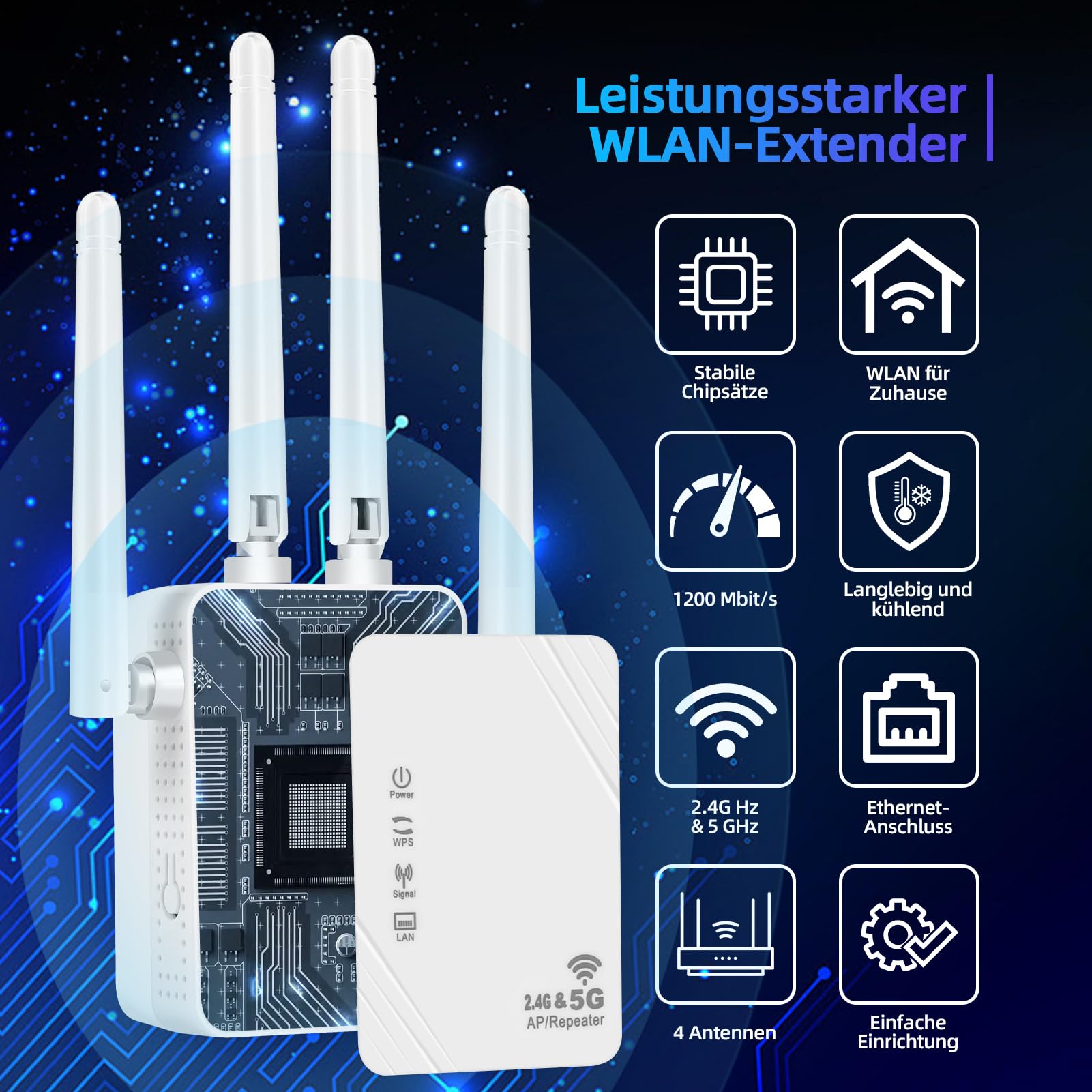 Amplificateur Wi-Fi, répéteur Wi-Fi 1200 Mbit/s, double bande 5G et 2,4 G, amplificateur WiFi ultra extensible avec port LAN, WPS, compatible avec 99 % des routeurs WiFi standard, couvre jusqu'à 9200