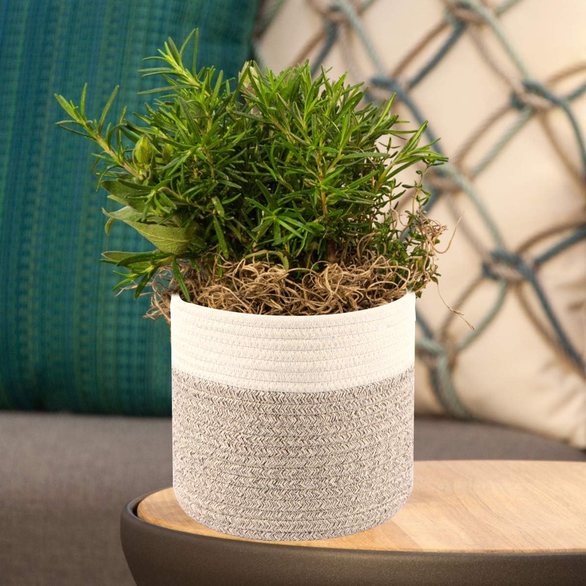 Cotton Rope Plant Basket Modern Woven Basket Pot Indoor Planter Up to 8 Inch Pot Storage Organizer Basket Rustic Home Décor (8.5''x8.5'', Grey&White) image 4