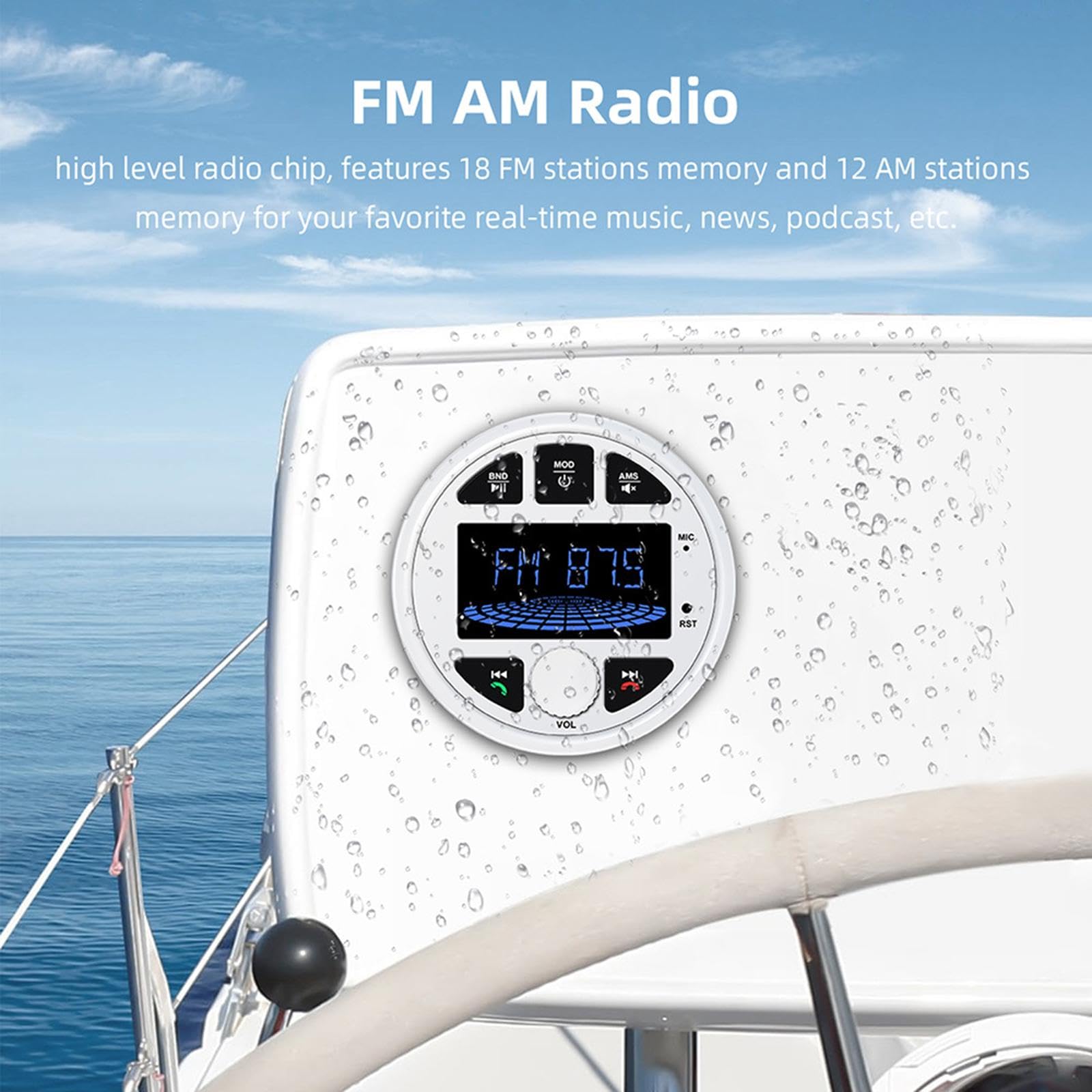 Marine Stereo Empfänger mit Bluetooth & USB: Wasserdichter Boots-Radio, Rundempfänger mit Fernbedienung für professionelle Marine-Audio- Weiß