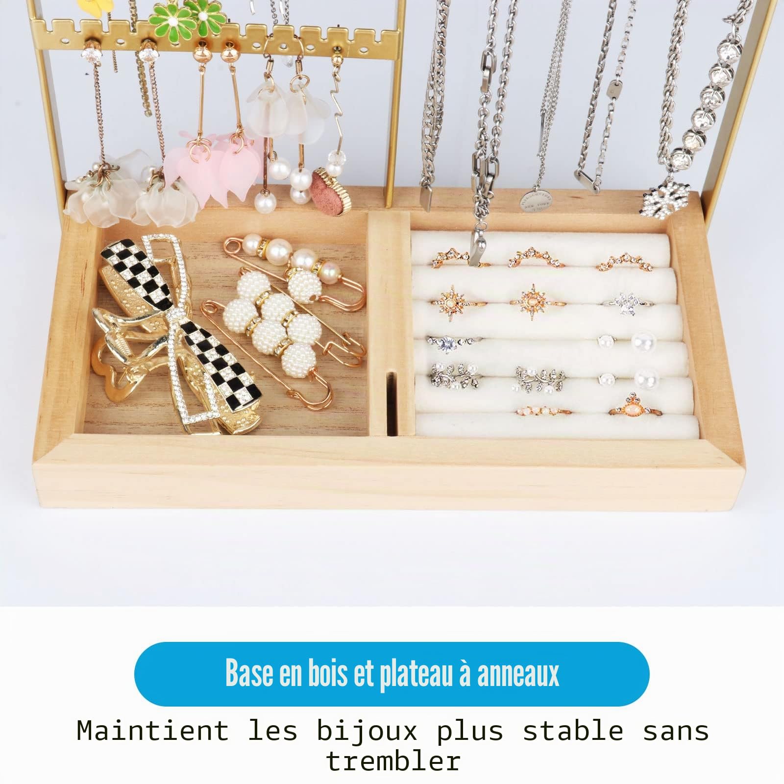 Présentoir à bijoux, Porte-bijoux multicouche pour colliers, crochets pour boucles d'oreilles, rangement pour bagues, boucles d'oreilles, bracelets, montres et accessoires (Or)