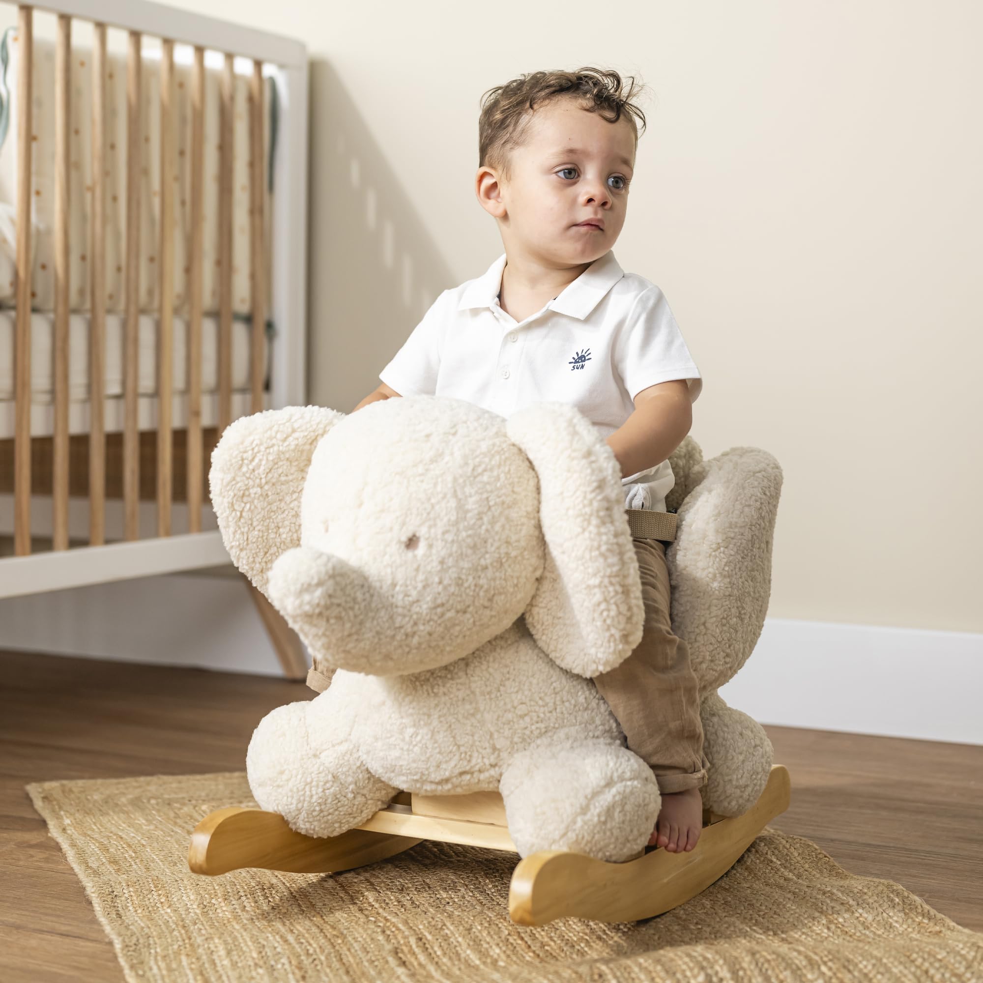 Nattou Schaukeltier aus weichem Teddy-Stoff, Schaukeltier Elefant, Inkl. Sicherheitsgurt, Fröhliches Hin- und Herschaukeln, Ca. 60 cm, Lapidou, Polyester/Holz, Ecru