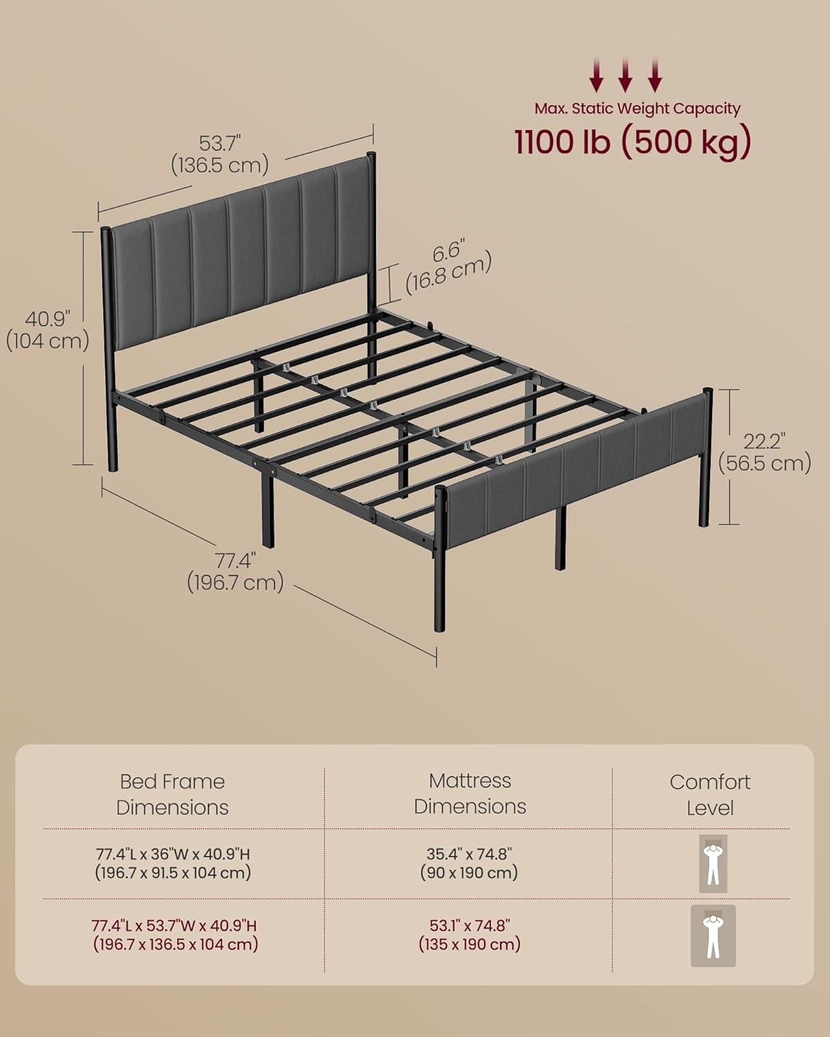 VASAGLE Double Bed Frame, 135 x 190 cm, with Upholstered Headboard, Metal Bed Frame, 500 kg Weight Capacity, Easy Assembly, Slate Grey RMB976G02