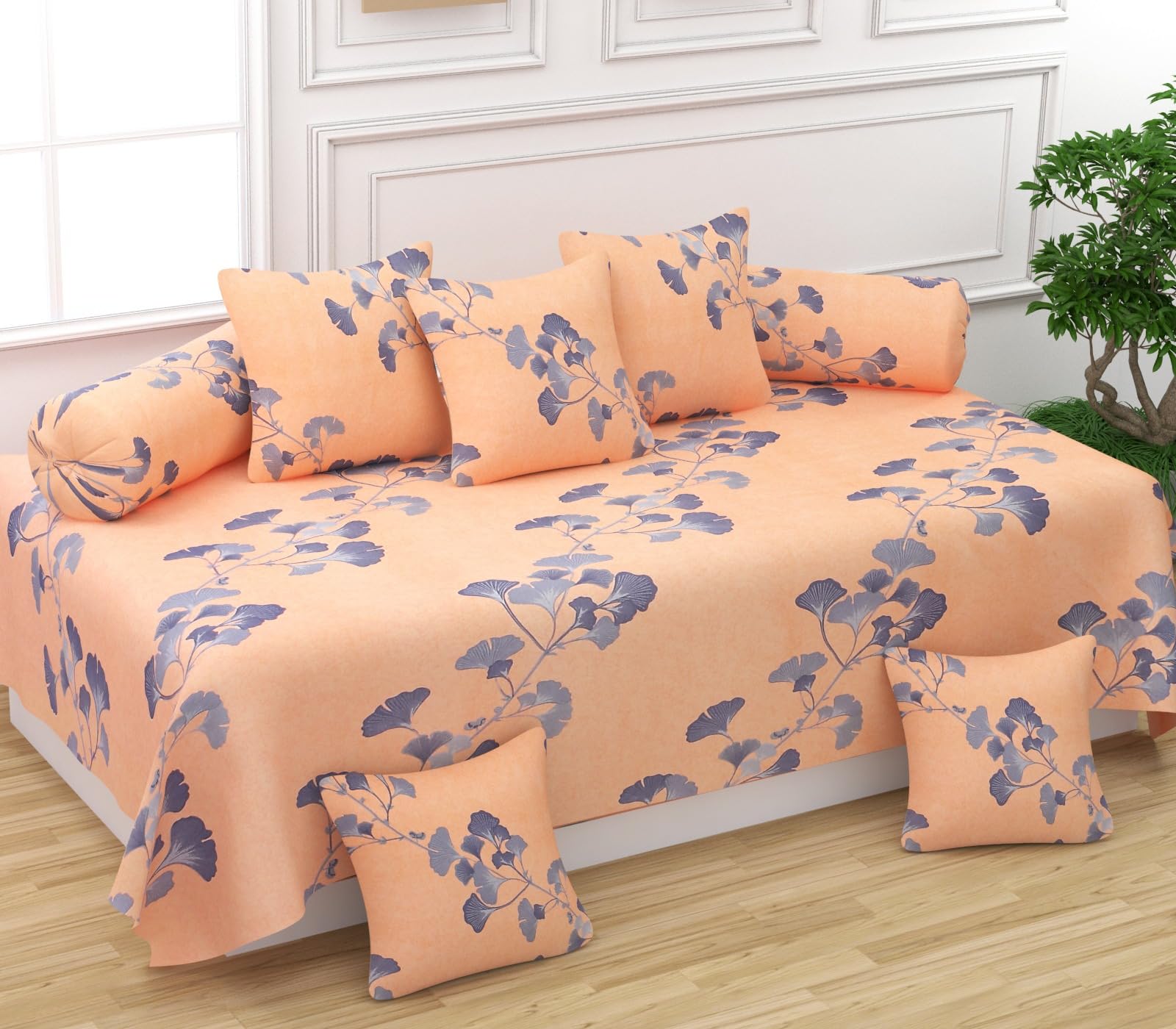 Super Soft Glace Cotton Autumn Fall Prints Diwan Set for Living Room, Diwan Set Covers Cotton, 8Pc- Peach Gingko.-image-26