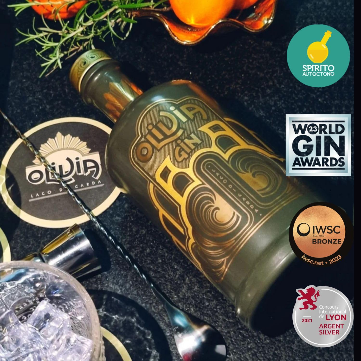 Gin - Olivia Lago di Garda – Premium 700ml da Distillazione Foglie e Corteccia di Olivo e Polpa di Olive – 42% Vol – Made in Italy – Prodotto Artigianale – Gin Tonic
