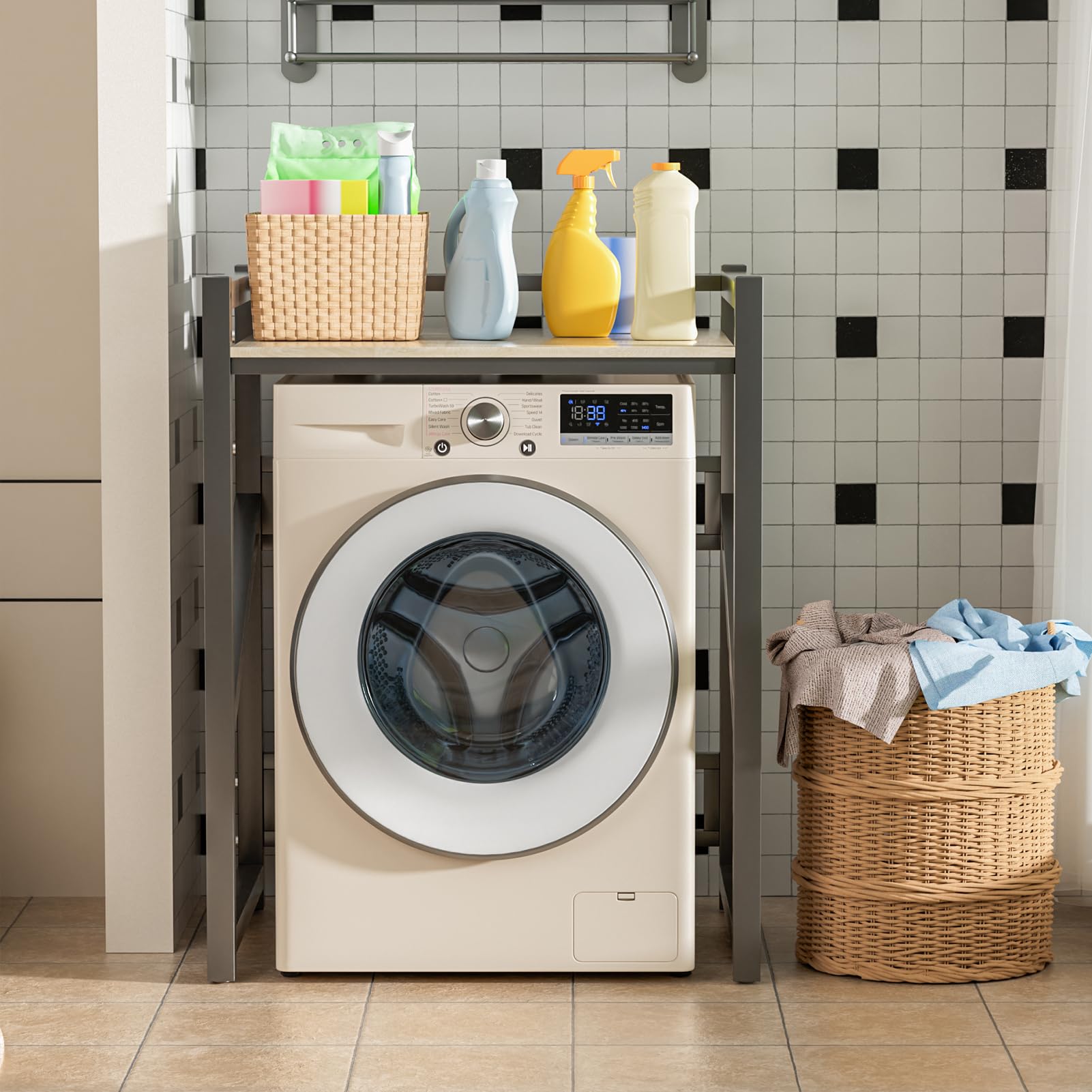 Bluethy Washer Dryer Stand, Washing Machine Stacking Shelf Kits, Height Adjustable Over Washer Storage Rack Unit, Tumble Dryer Stand Washer Shelf for Bathroom, Load Capacity 250KG (Wood Color)
