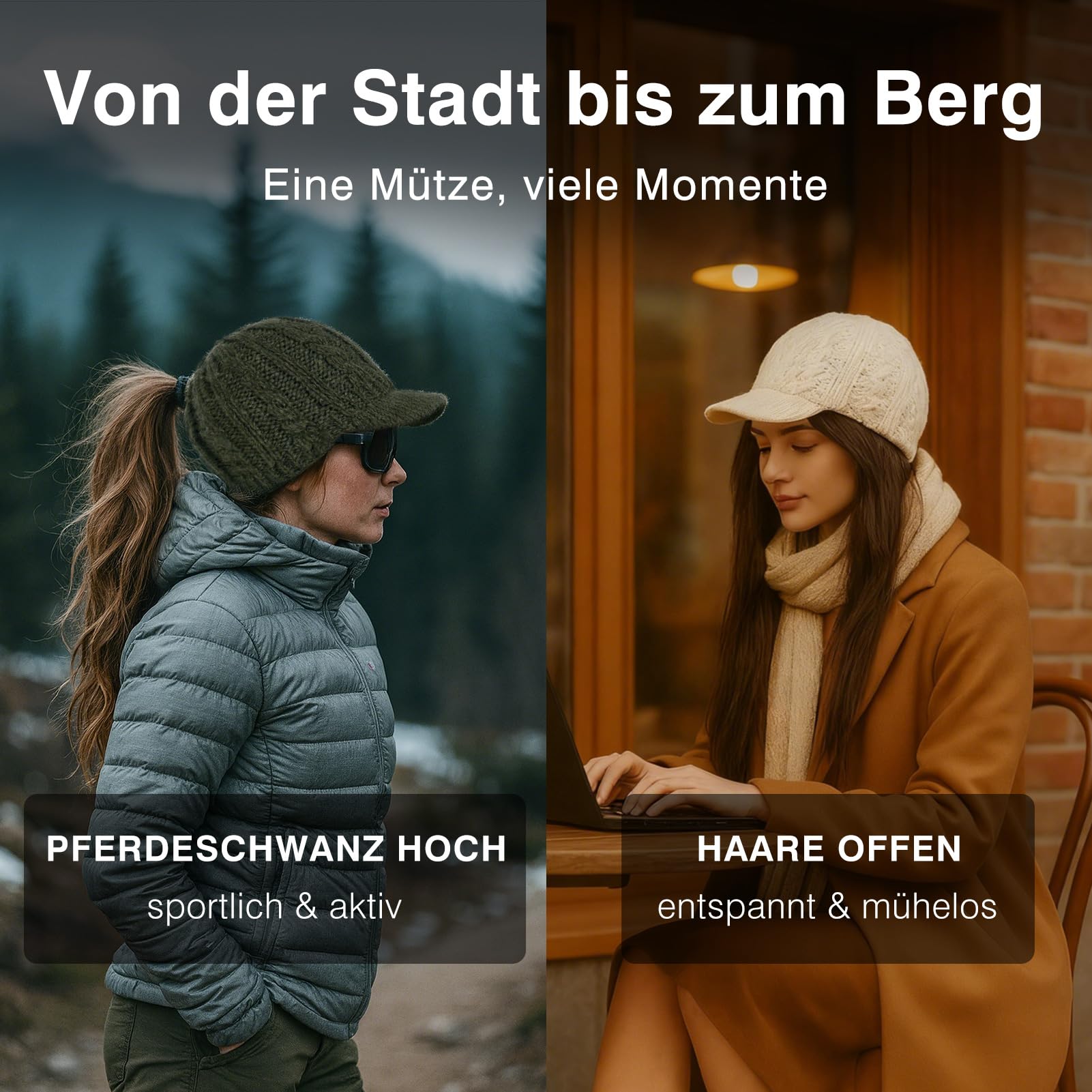 TOP-EX ChicPony Bonnet d'hiver en laine mérinos avec visière, 3 ouvertures tressées, doublure polaire, chaud et coupe-vent pour femme