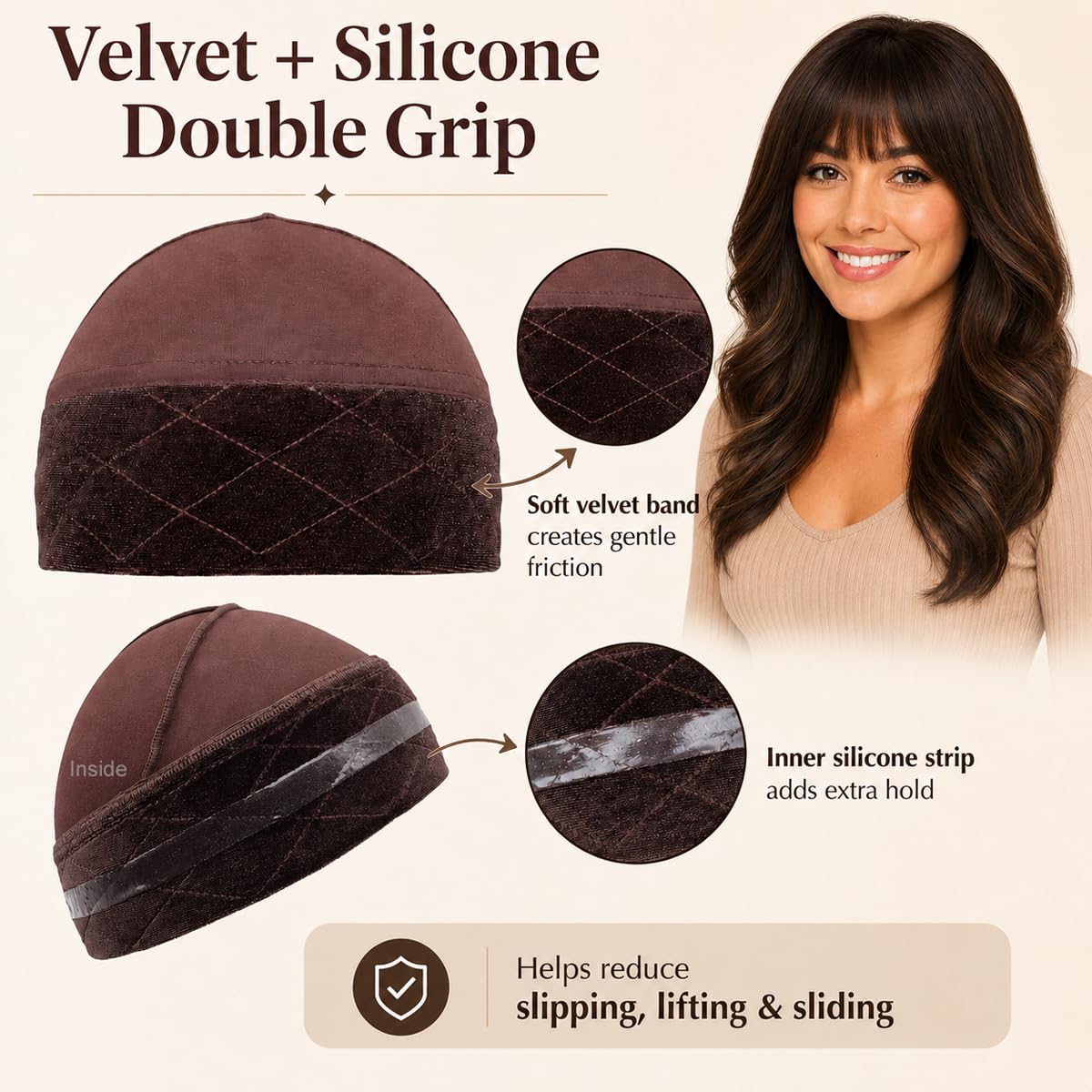 2 Pack Wig Grip Caps for Women Non Slip, Dark Brown 2-in-1 Modal Wig Cap with Velvet Grip Band & Silicone Grip, Hair-Friendly Short Hook Closure, Glueless Wig Cap for Wigs, Fits 18.5-23 Inch