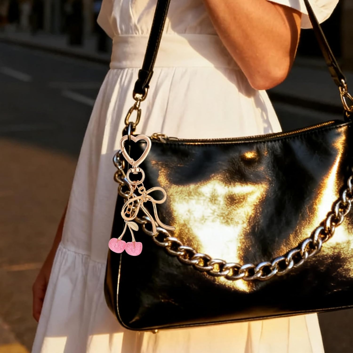 Cute Cherry Bow Keychain, Cherry Keyring Cute Bag Charm with Gold Bowbot for Women Aesthetic Purse Accessories for Handbags & Car Keys - Image 5