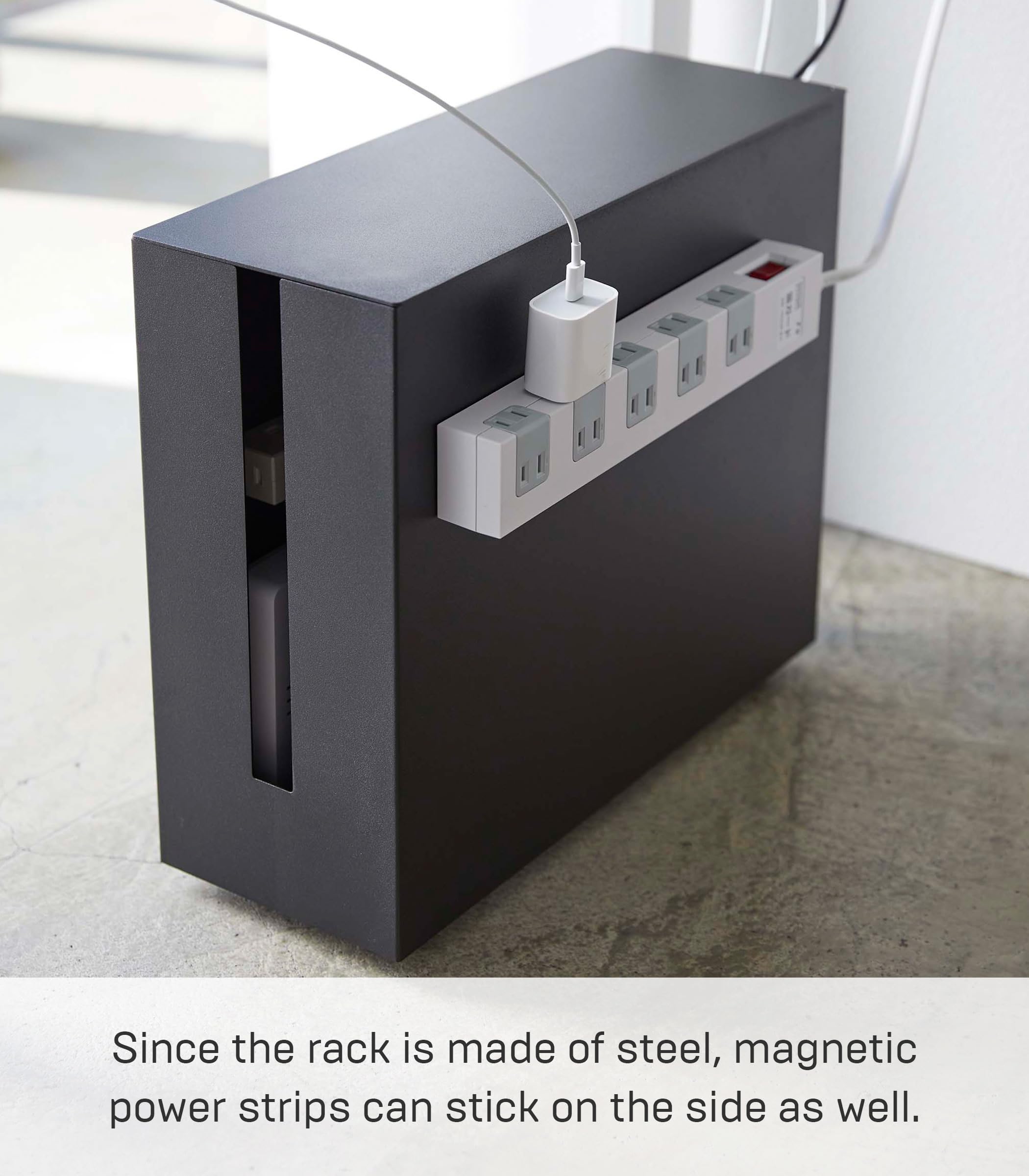 Yamazaki 5404 Tower Caja de Cables con Ruedas, Negro, Acero, diseño Minimalista, 15 x 40 x 34,5 cm (L x An x Al)