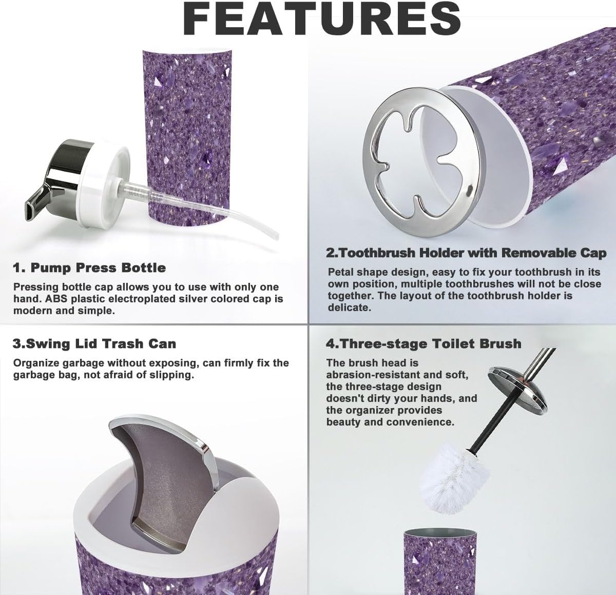 Bathroom Accessories Set 6 Pcs Violet Purple Amethyst Quartz Crystal Geode Toothbrush Holder Cup Soap Dispenser Soap Dish Toilet Brush Holder Trash Can for Countertop Decor
