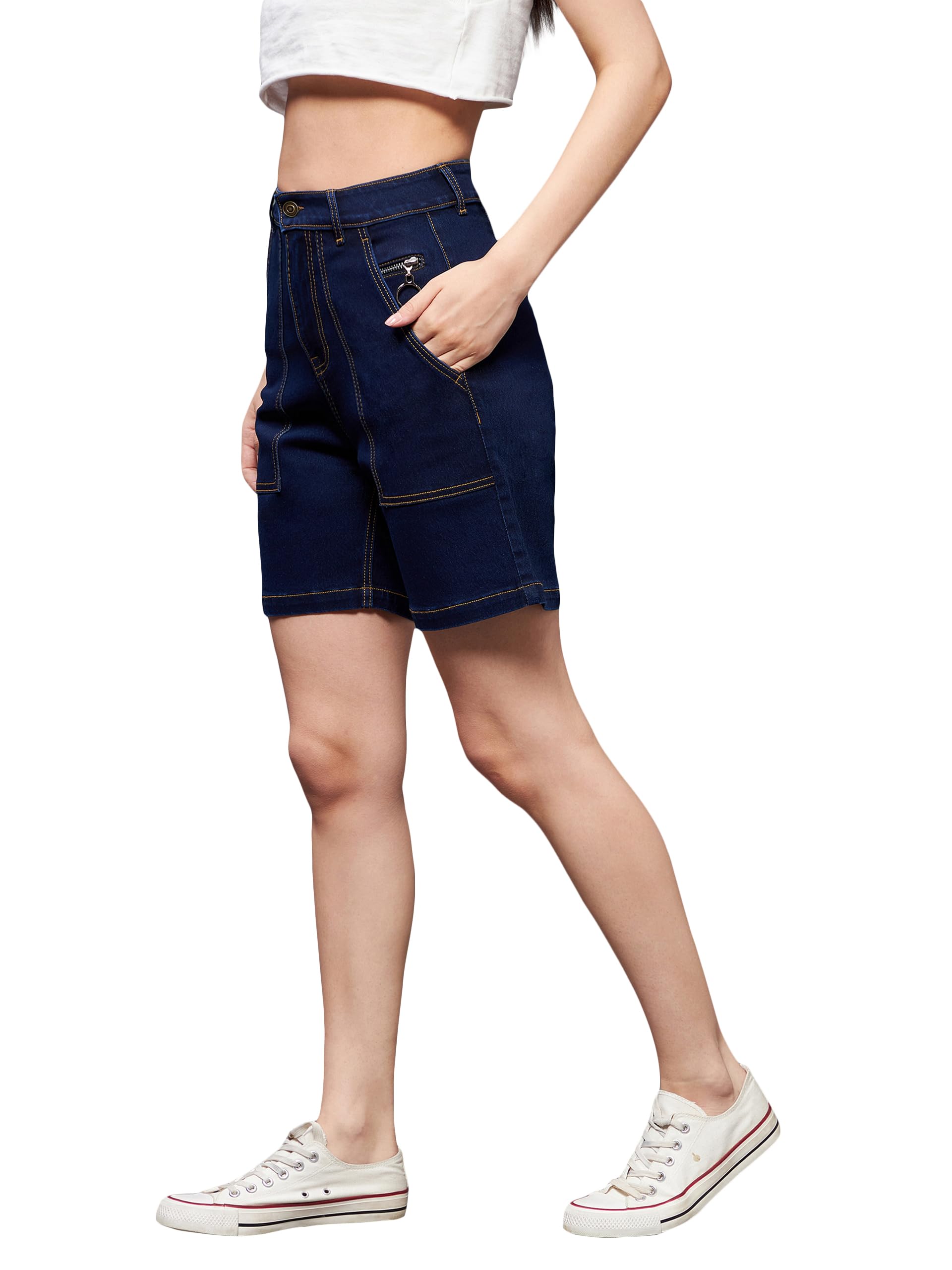 miss chase Women's Navy Blue Regular High Rise Clean Look Above Knee Stretchable Denim Shorts-picture-42