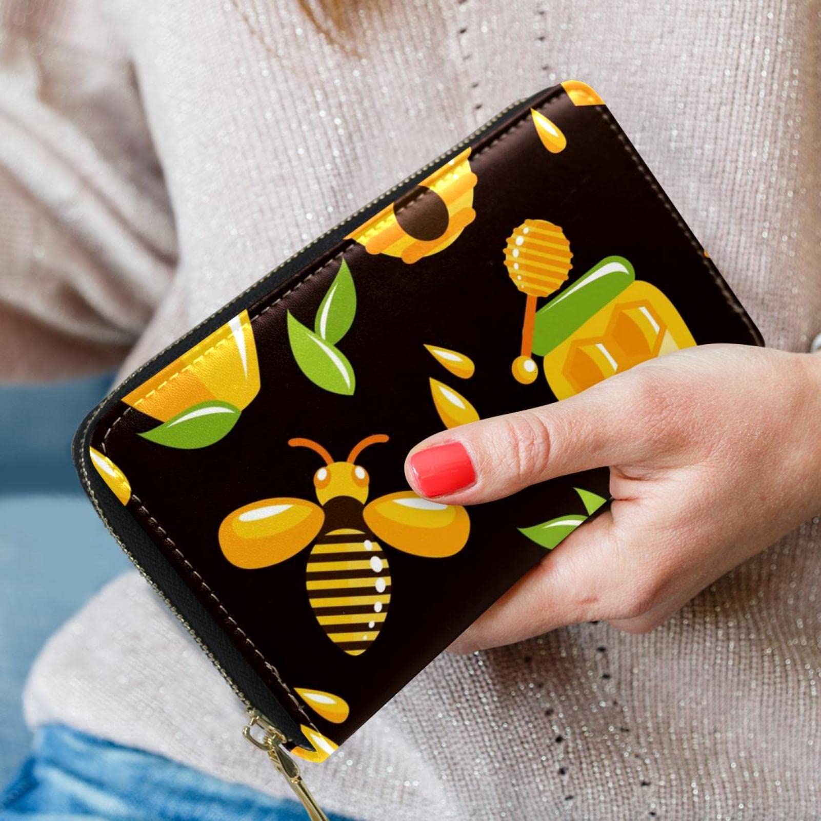 Cartera larga de cuero con cremallera y patrón de abejas, Varios colores, 20.5x2.5x11.5cm/8.07x1x4.53 in, Classic