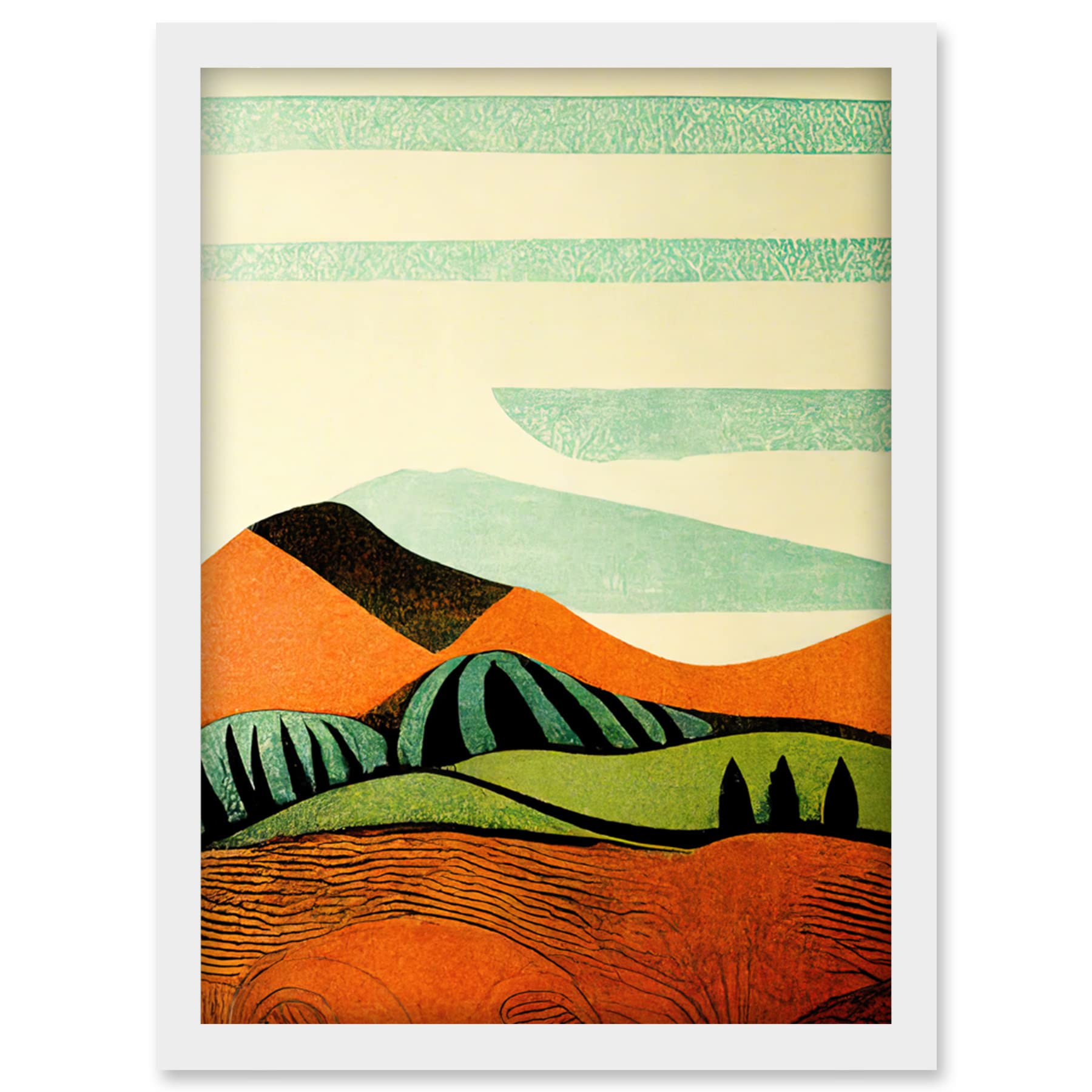 A4 Framed Linocut Print - Abstract Eclectic Tangerine & Olive Countryside Illustration - Artery8
