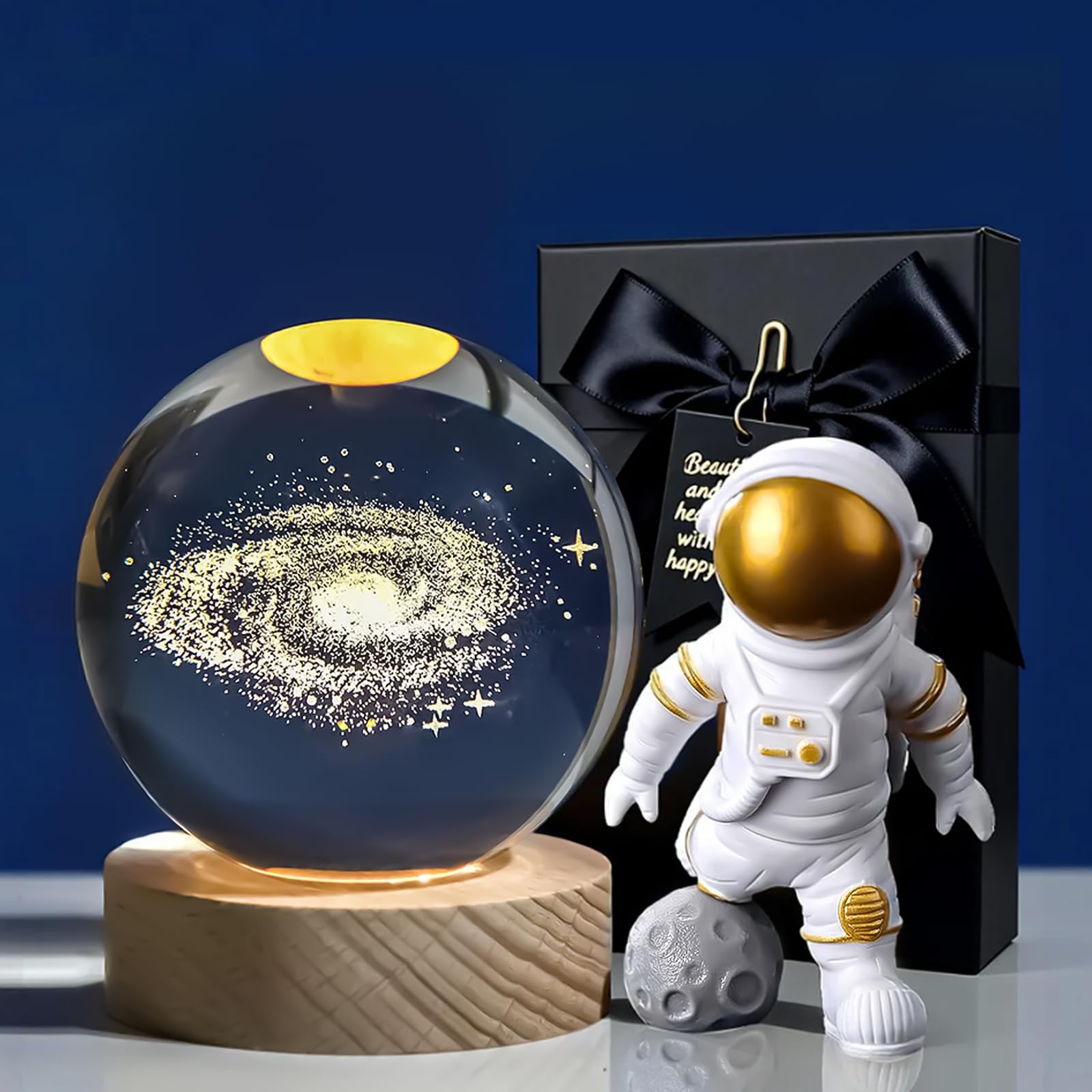 DYOUen 3D Kristallkugel Nachtlicht, USB Kreative Sonnensystem Milchstraße Nachtszene Bunten LED Ball Lampe Glaskugel Mit Holzsockel für Jungen Mädchen Dekoration Geschenke(Galaxie)