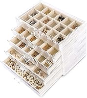 Frebeauty Acrylic Jewelry Organizer Box with 5 Velvet Drawers - Clear Earring Holder for Rings & Studs, Removable Dividers, Beige