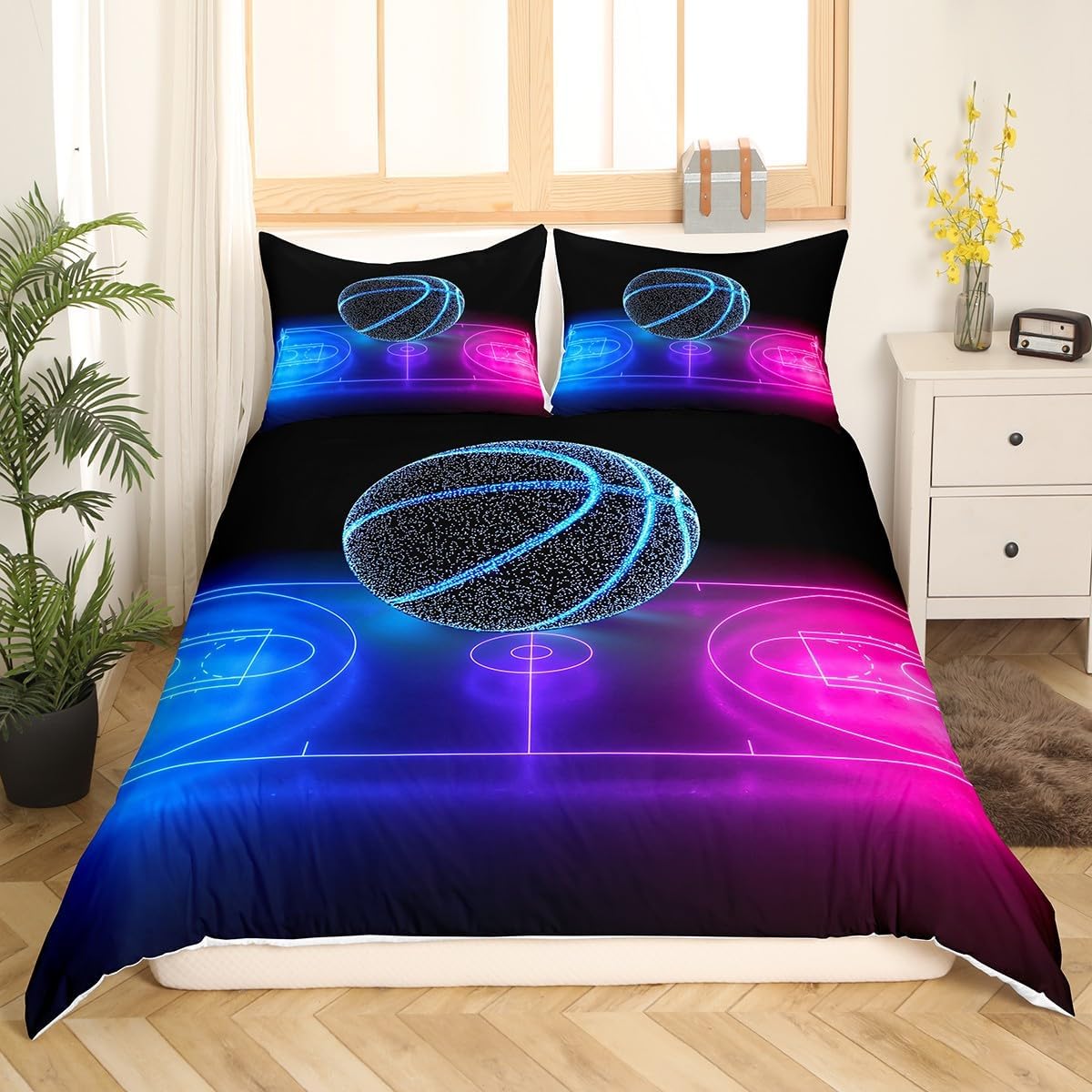 Castle Fairy Cool Basketball Bedding Set,Neon Gradient Duvet Cover for Kids Teen Boys Girls,Basketball Court Comforter Cover Decorative Room,Sports Games Quilt Cover with 2 Pillowcases,Full Size