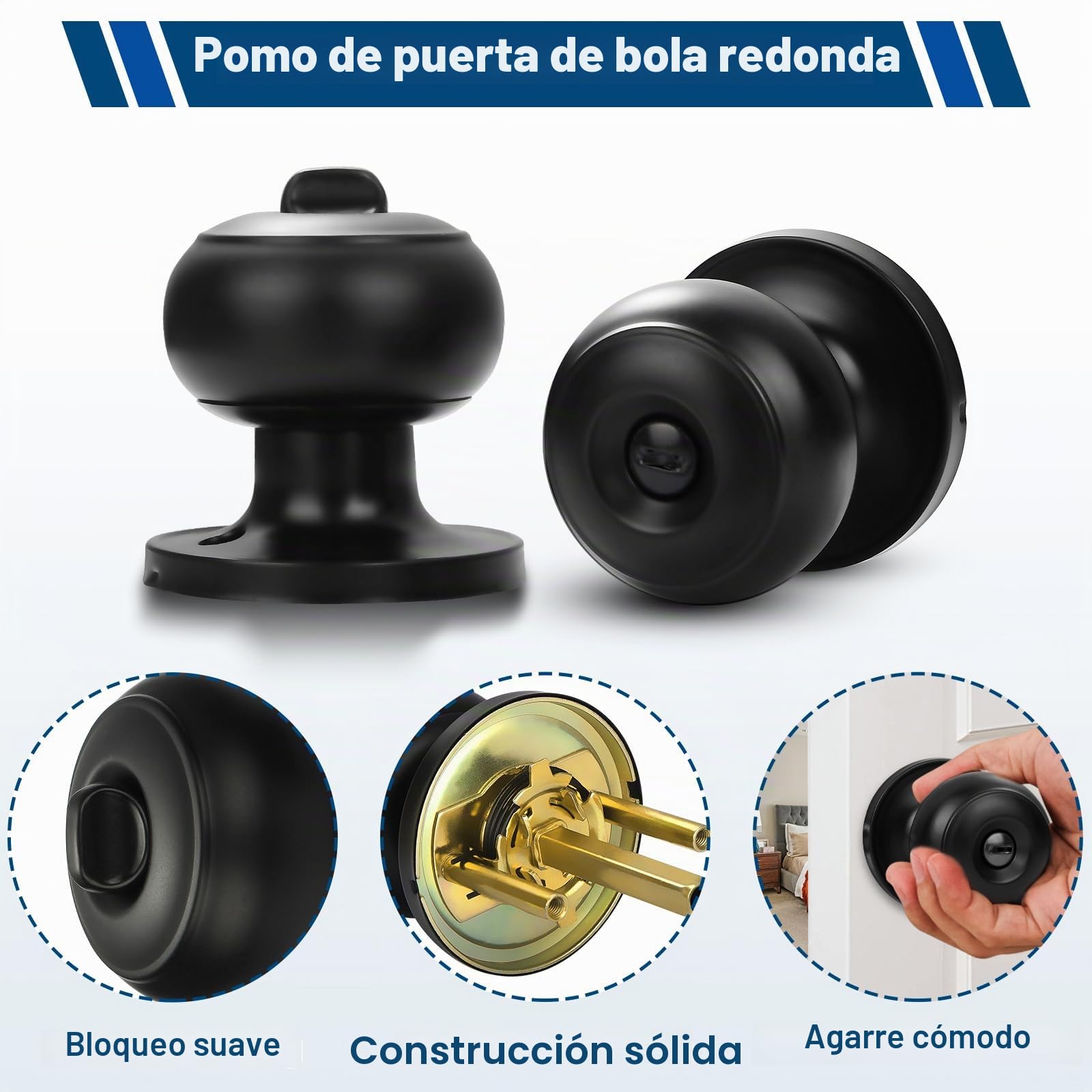 Estmoon Paquete de 5 pomos negros para puerta interior, para dormitorio, baño, privacidad, bola redonda