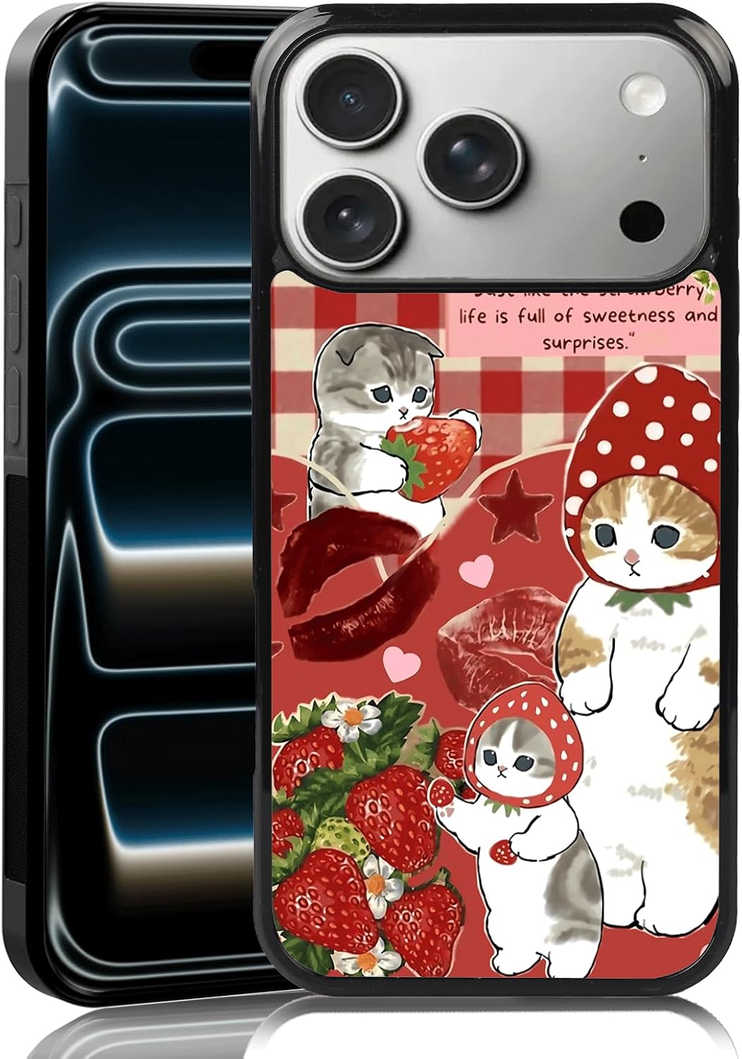Cute Strawberry Cat Phone Case Fit for iPhone 17 Pro Max — TPU Whimsical and Sweet Funny Kawaii Cat Phone Cover Gift for Boy Girl Men Women