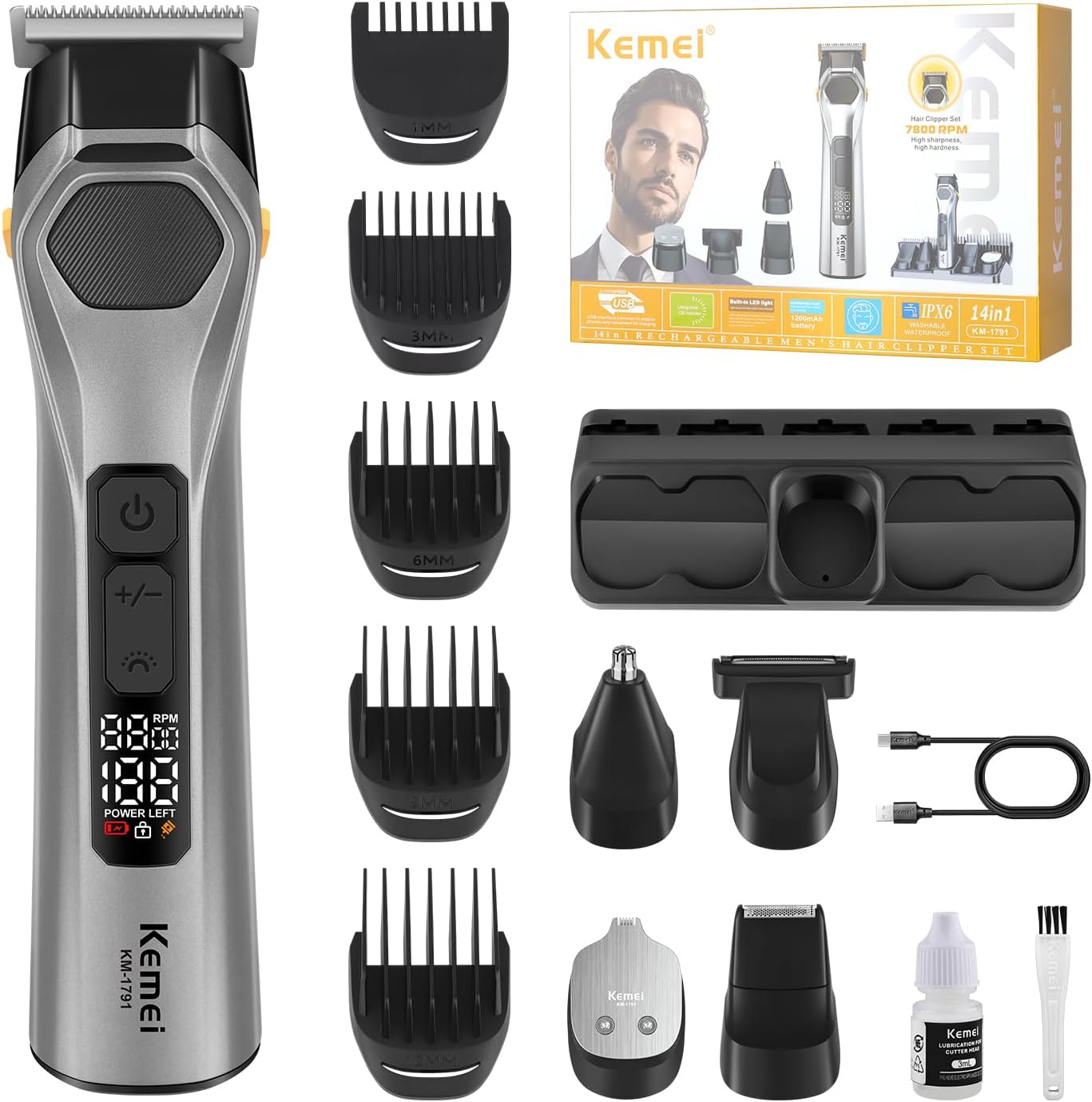 KEMEI 5-in-1 All-in-One Grooming Kit for Men, Cordless Professional Beard Trimmer and Nose Ear Trimmer, Electric Facial Grooming Set, Sideburn and Eyebrow Trimming Tool, Gifts for Men