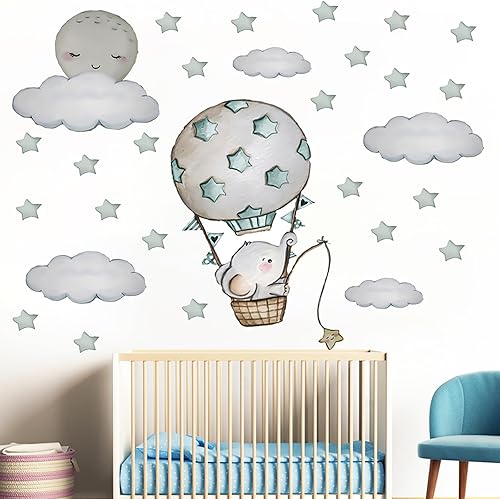 Miniatura 6 de Calcomanías de pared de elefante, calcomanías de pared de nubes de estrella, luna y estrellas, papel tapiz de vinilo para bricolaje, decoración de