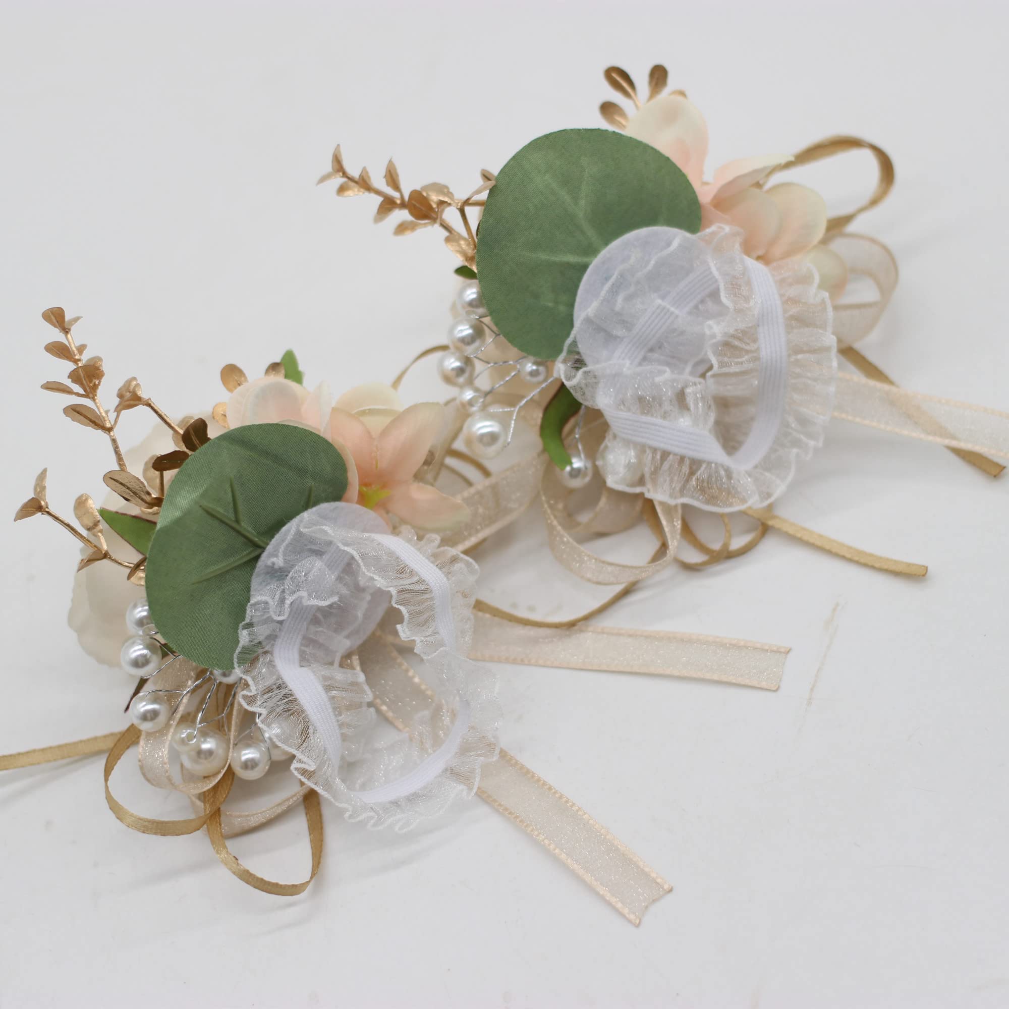 Yokoke 2 Corsages, Handmade Artificial Peony Rose Wrist Corsage Wristlet Wedding Prom Suit Decorations (2 Gold Wrist Corsage) - Image 3