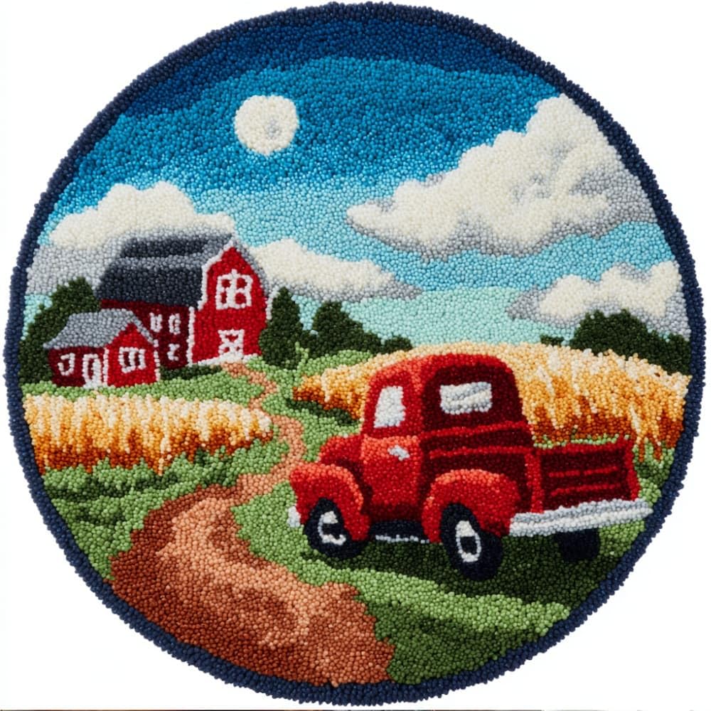 Round Latch Hook Rug Kits Farm Truck For Adults And Starter 50*50Cm