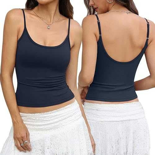 EasyGala Womens Cotton Scoop Neck Tank Top Adjustable Spaghetti Strap Camisole Basic Summer Fitted Backless Shirts 2026 - Navy Blue - Medium