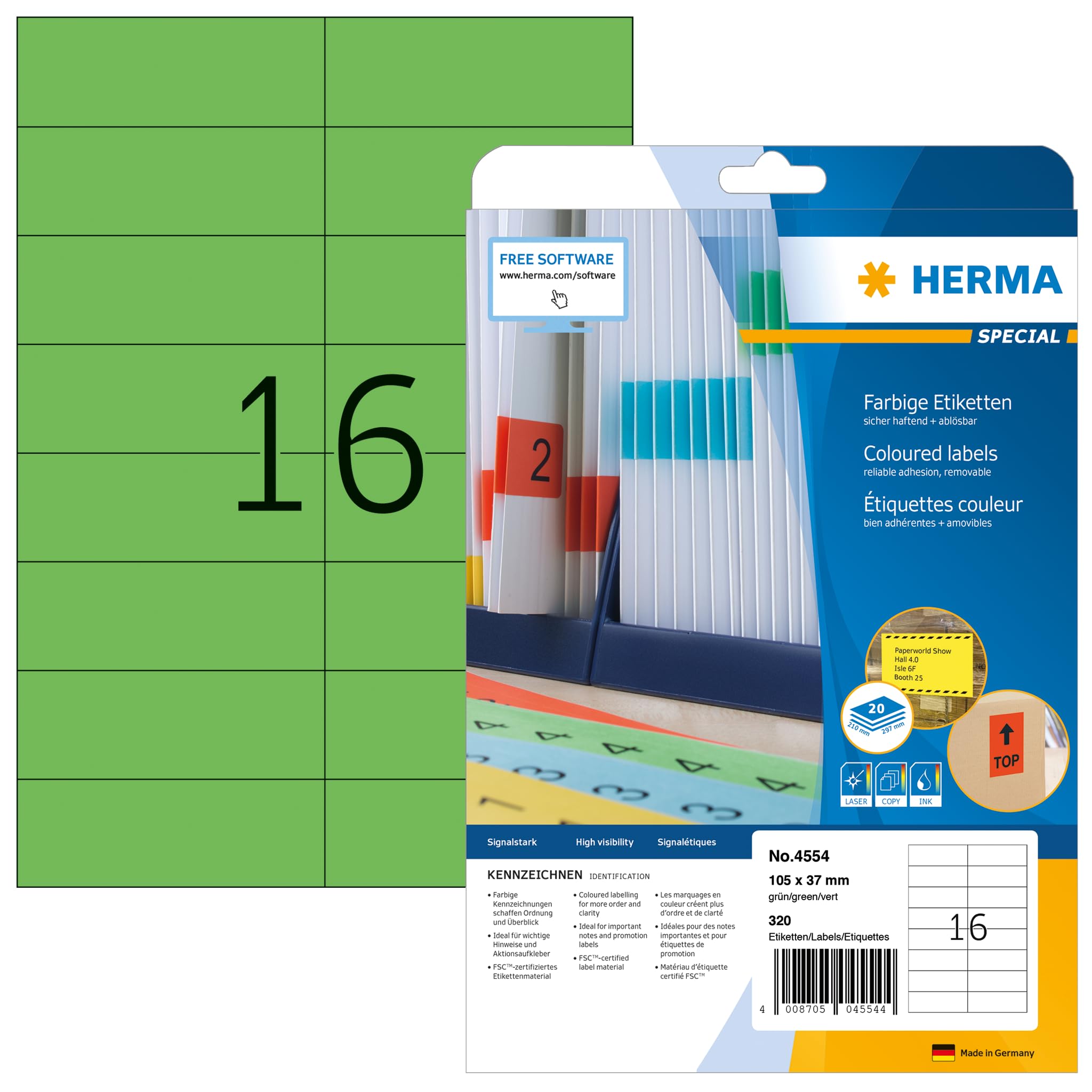HERMA Self-Adhesive Coloured Labels - 16 per A4 Sheet, 20 Sheets, 105 x 37 mm, 320 Total, Removable Sticky Stickers for Laser & Inkjet Printers, Green