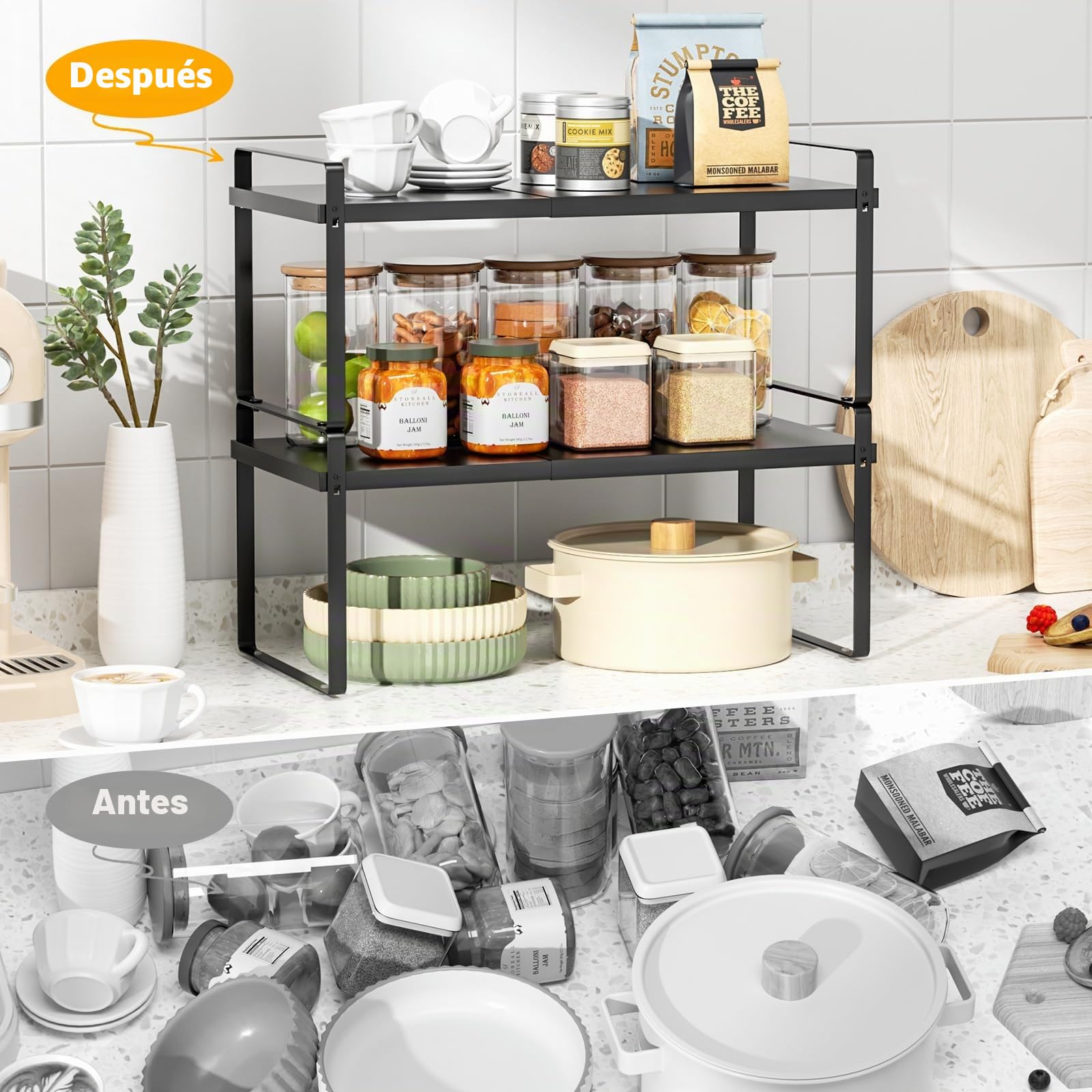 devesanter Organizador de armario de cocina ampliable, 2 unidades apilables, armario de cocina ajustable, estante para especias, adecuado para armario de cocina (negro)