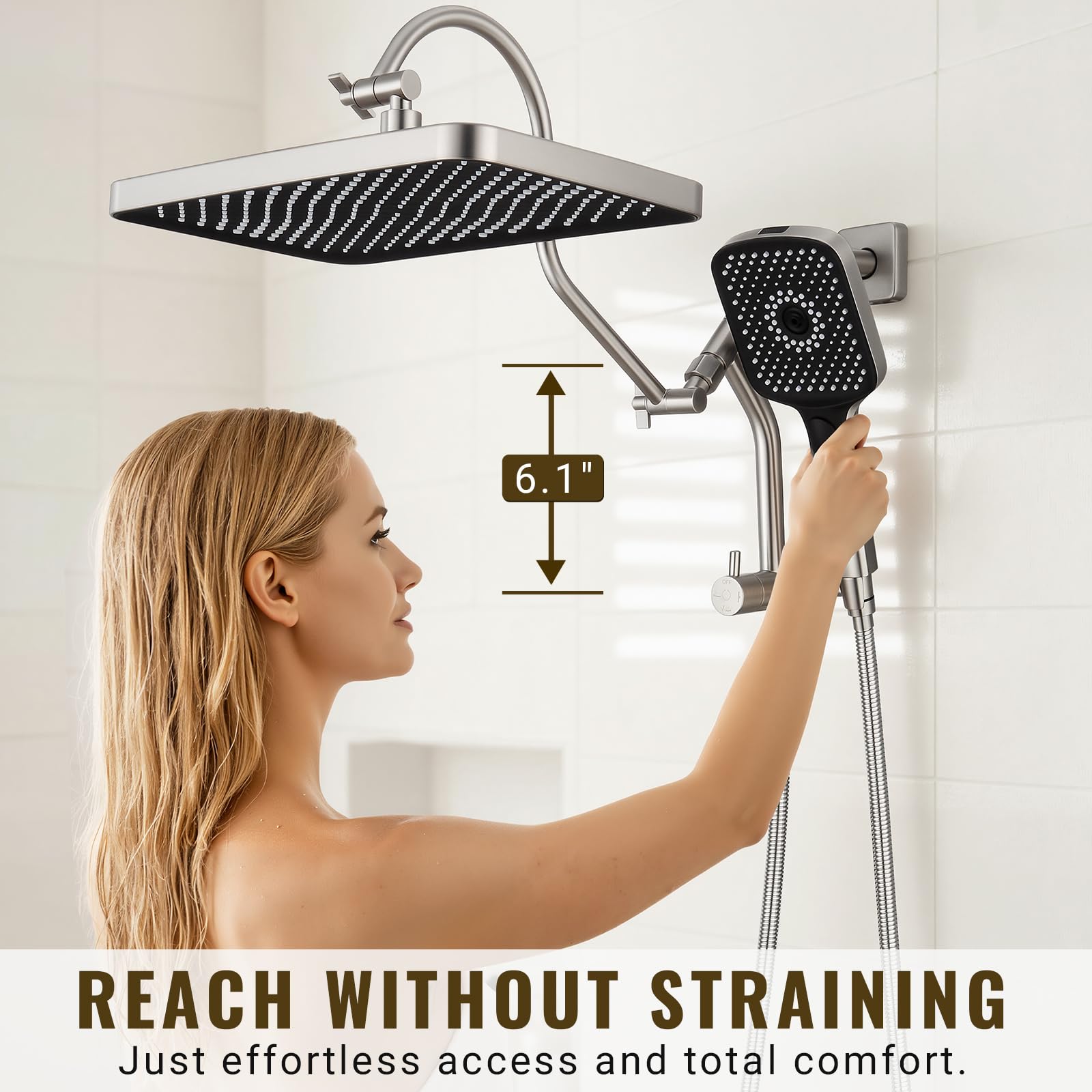 Cabezales de ducha de 13 pulgadas con pulverizador de mano multifunción, desviador extendido de metal de 3 vías con soporte y brazo de extensión de ducha curvado ajustable de metal,