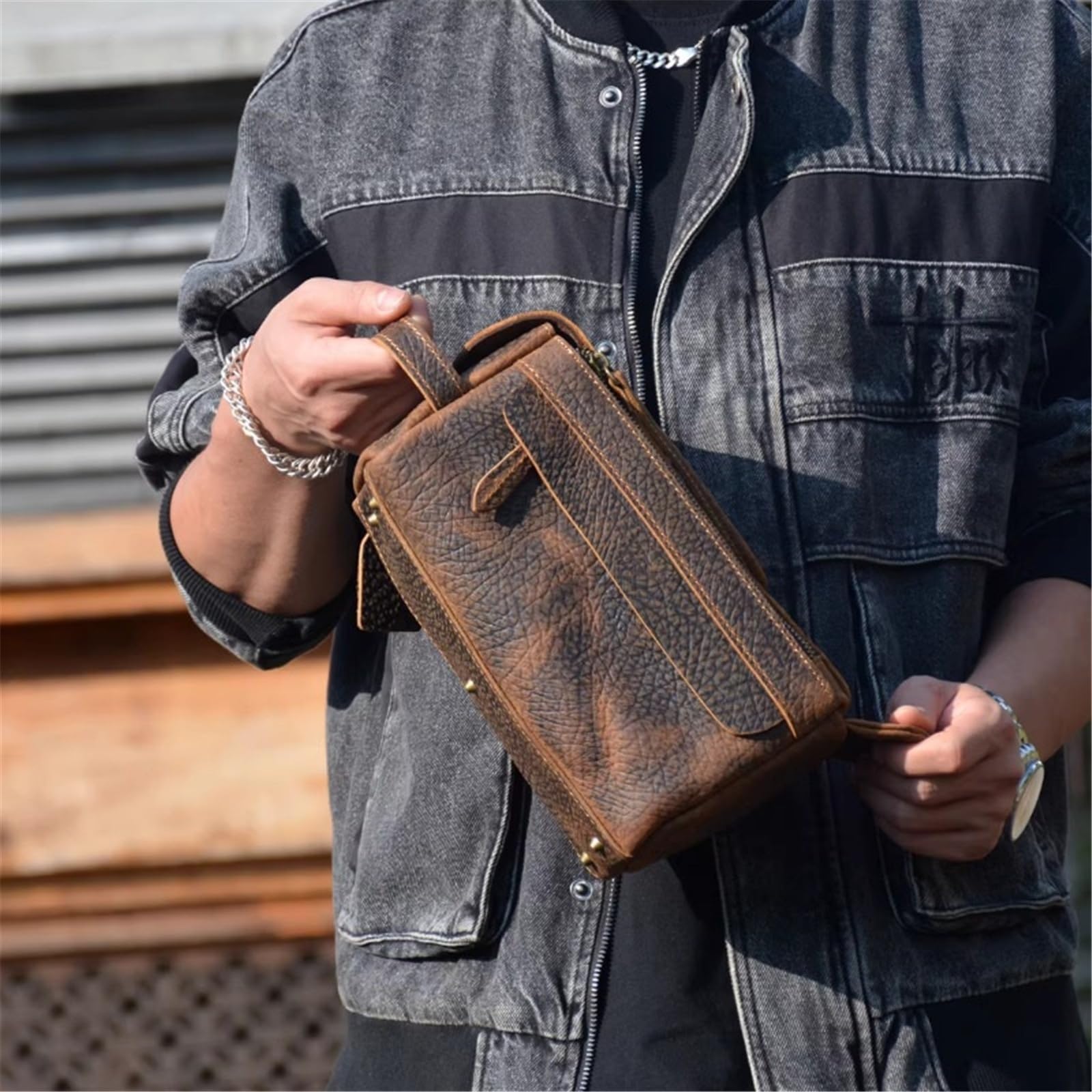 Męska, skórzana, poręczna torba na kosmetyki i kosmetyki o dużej pojemności(Brown pattern)