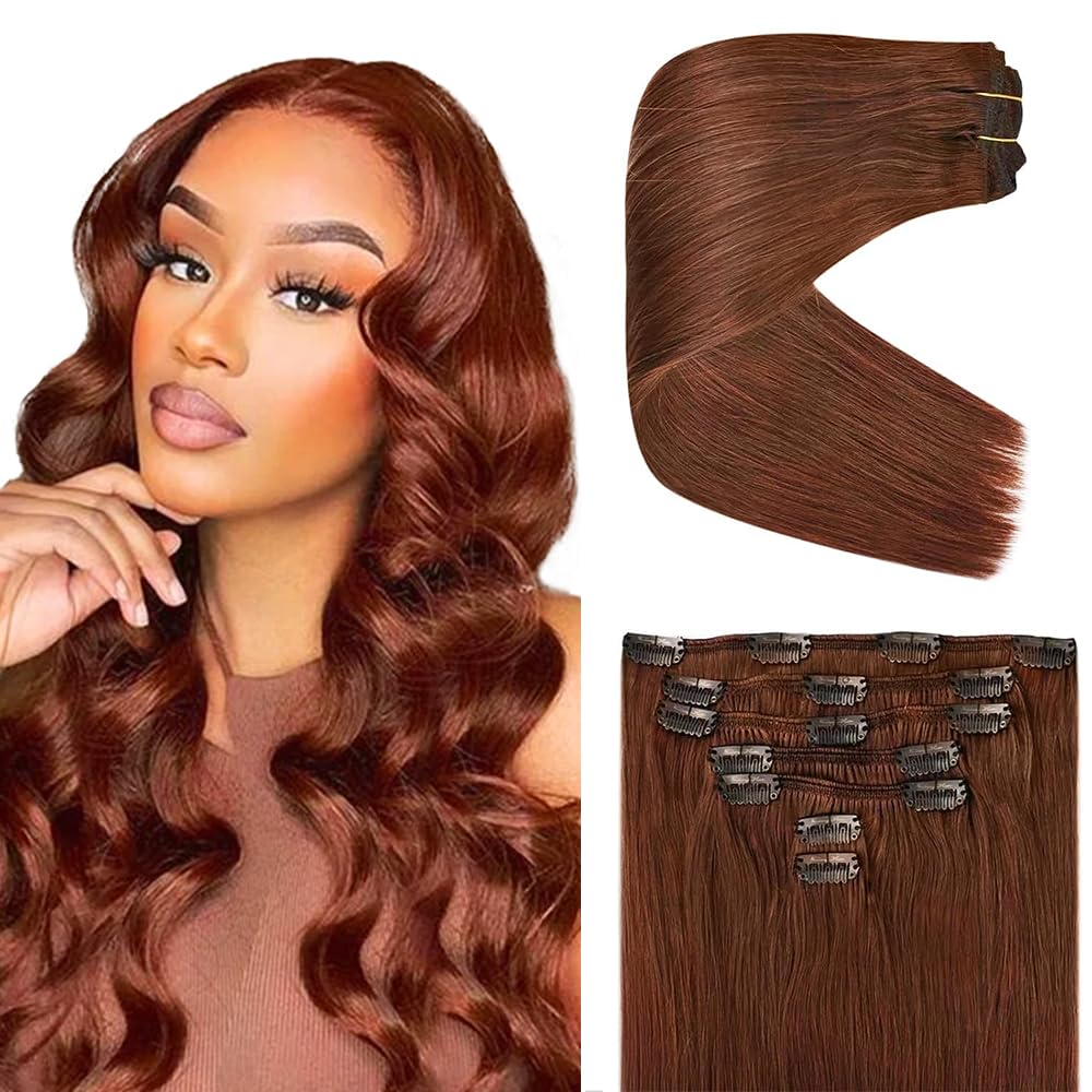 Photo 1 of #33 Reddish Brown Clip in Hair Extensions - 22 Inch Real Remy Soft Copper Red Human Hair, 120g 7pcs,33 Brown Human Hair Extensions Clip ins for Women