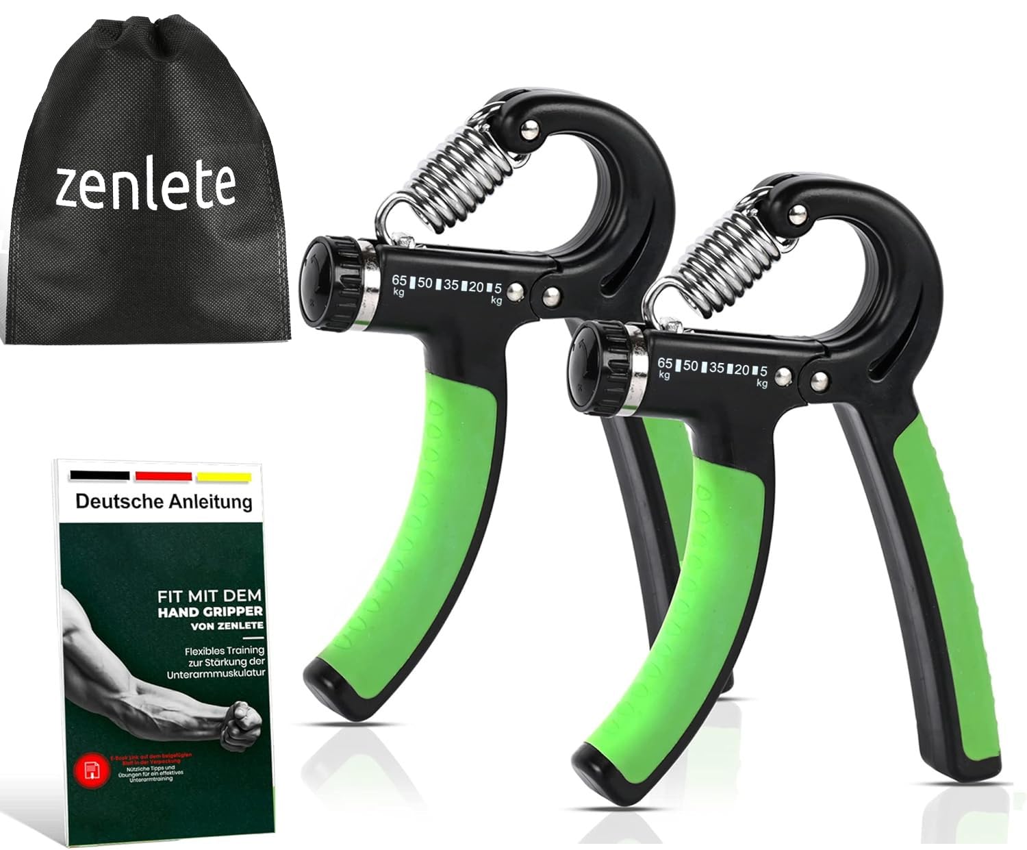Profi Fitness Handtrainer 5-65 kg Widerstands-Markierungen, 2-er Set Fingerhantel einstellbar, Fingertrainer länger mit mehr Gummierung & Griffkraft, Unterarm-Trainer Trainingsgerät starke Feder