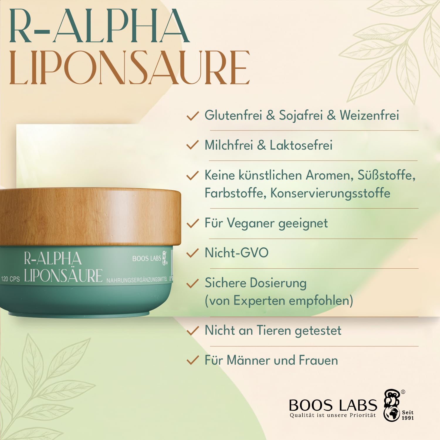 R-Alpha Liponsäure ALA | 120 Vegane Kapseln | 1 Kapsel am Tag | Hochdosiert, Laborgeprüft, Ohne Gentechnik, Glutenfrei | Antioxidans & Nahrungsergänzungsmittel