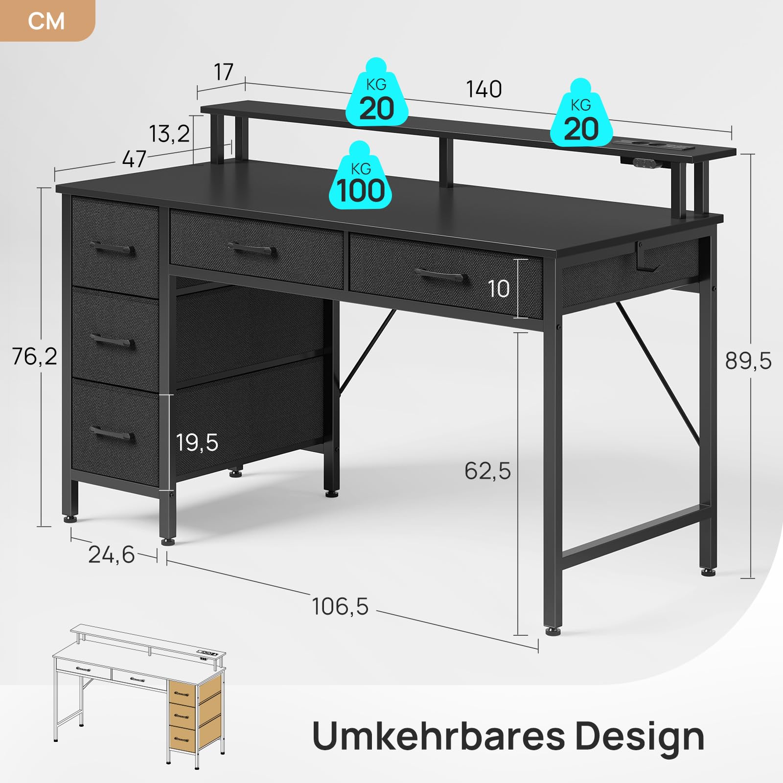 Rolanstar Schreibtisch mit 5 Schubladen, Computertisch mit Steckdosen, Gaming Tisch mit LED-Beleuchtung, Monitorständer, für Homeoffice, Schlafzimmer, Wohnzimmer, Büro (Schwarz, 140)