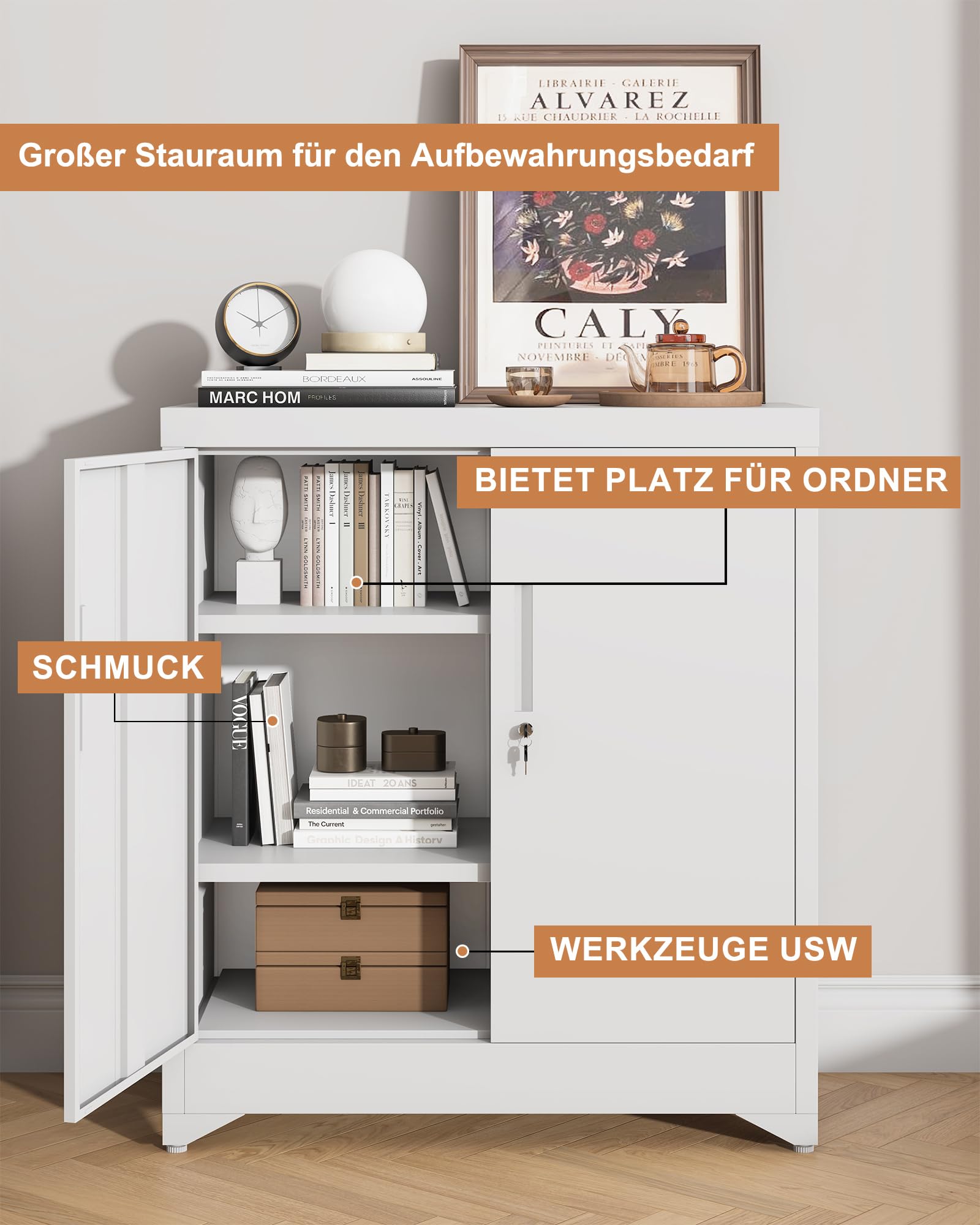 Aktenschrank, Aktenschrank Abschließbar, Metallschrank mit 2 Türen, Büroschrank mit Verstellbare Ablagen, Mehrzweckschrank, Spind Schrank, Stahlschrank, Arbeitszimmer, Wohnzimmer, Weiß