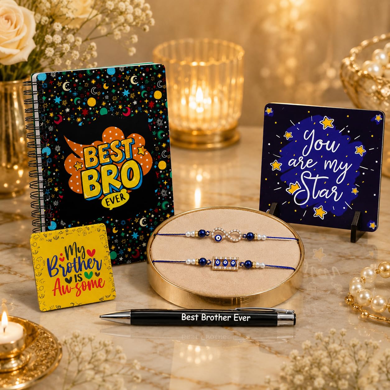 Dreamica Designer Set of 2 Rakhi, Best Bro Diary, Fridge Magnet, Pen, Standee Showpiece, Greeting Card and Tilak Set | Best Rakhi Gift for Brother