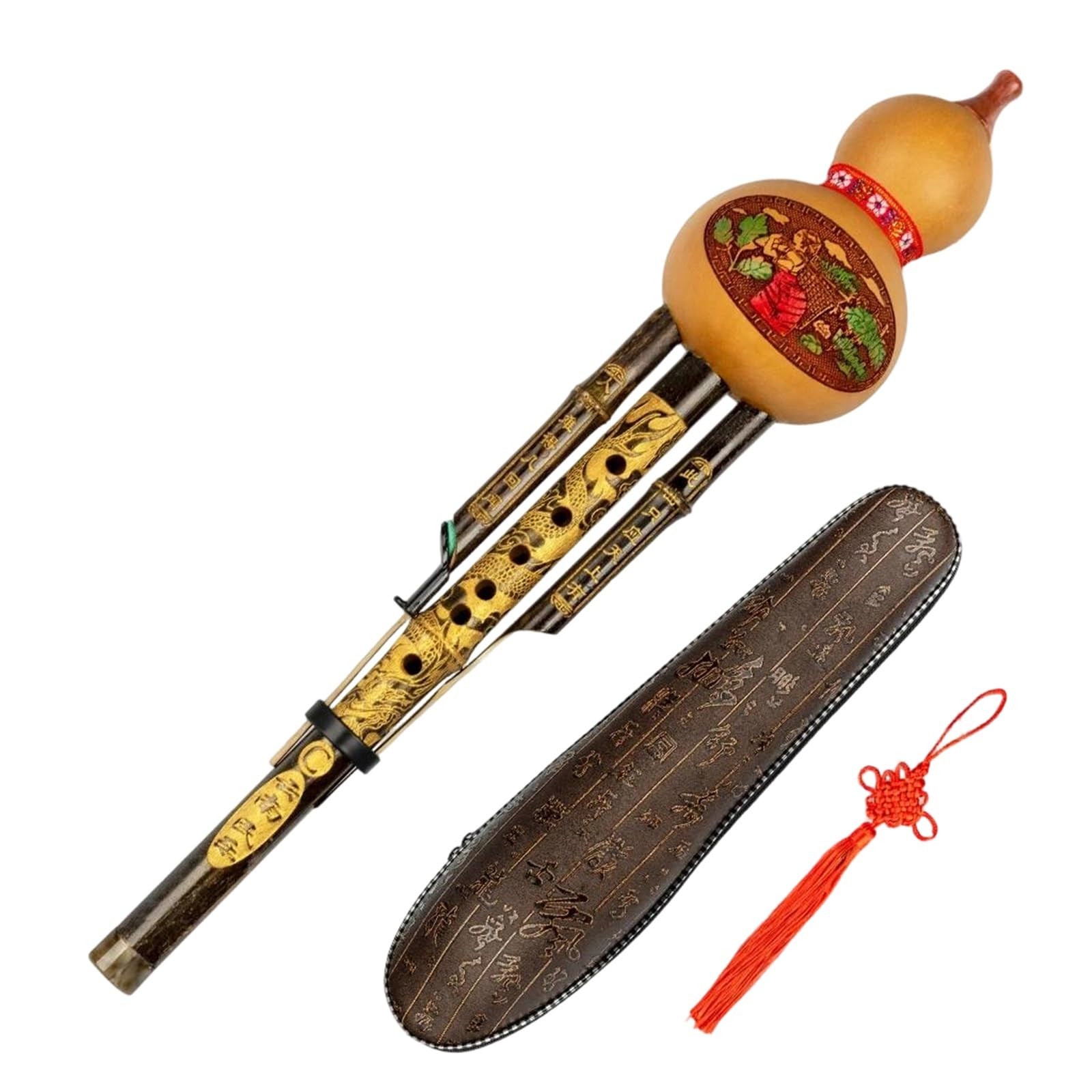 Hulusi Musikinstrumente Hulusi-Flöte Mundharmonika C-Dur Windkammer Rohrblattinstrument Geschnitzter Kürbis Drei Dünne Rohre Mit Koffer