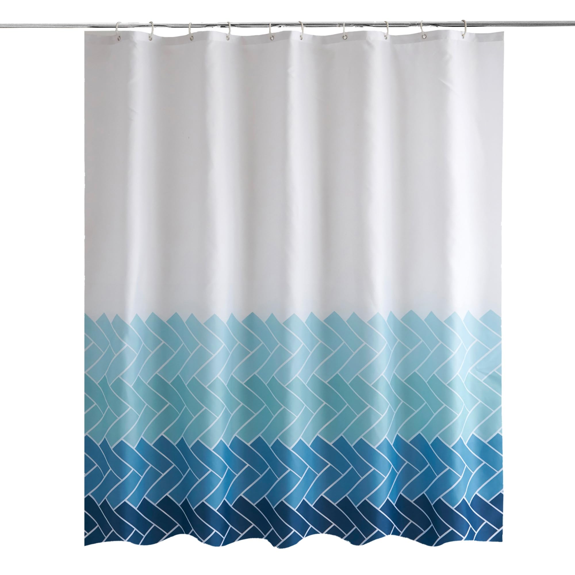 Trimming Shop Geometric Blue & White Shower Curtain - Polyester Fabric Bathroom Curtain, Mould Resistant, With 12 Hooks, Washable 180x200cm Long Shower Liner, Blackout Design for Stylish Bathroom