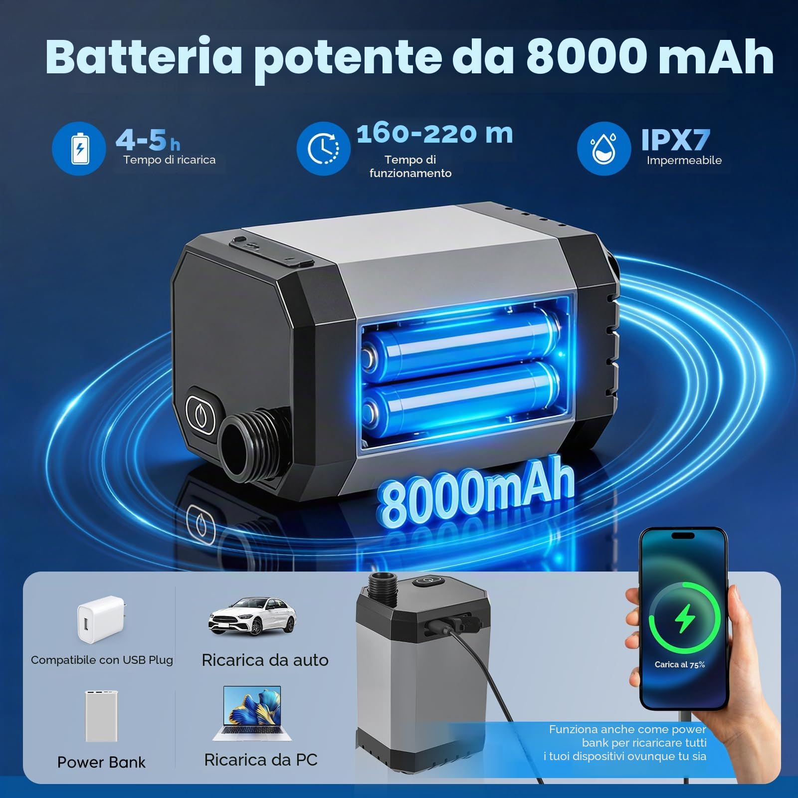 Doccia Da Campeggio, Con Secchio Pieghevole 20L, 8000 Mah Doccia Ricaricabile Portatile, Impermeabile Ipx7, Con Display Digitale Intelligente Per Spiaggia Giardino Lavaggio Auto