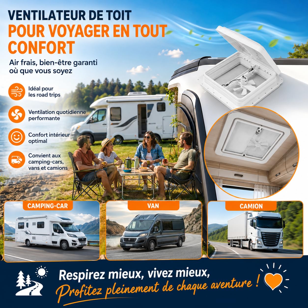 Lanterneau Camping Car 42 x 42 cm, Fenetre Camping Car Avec Moustiquaire et ventilateur intégré, Pour Ouvertures de 14 x 14 pouces, Caravane, camion, Camionnette (Blanc)