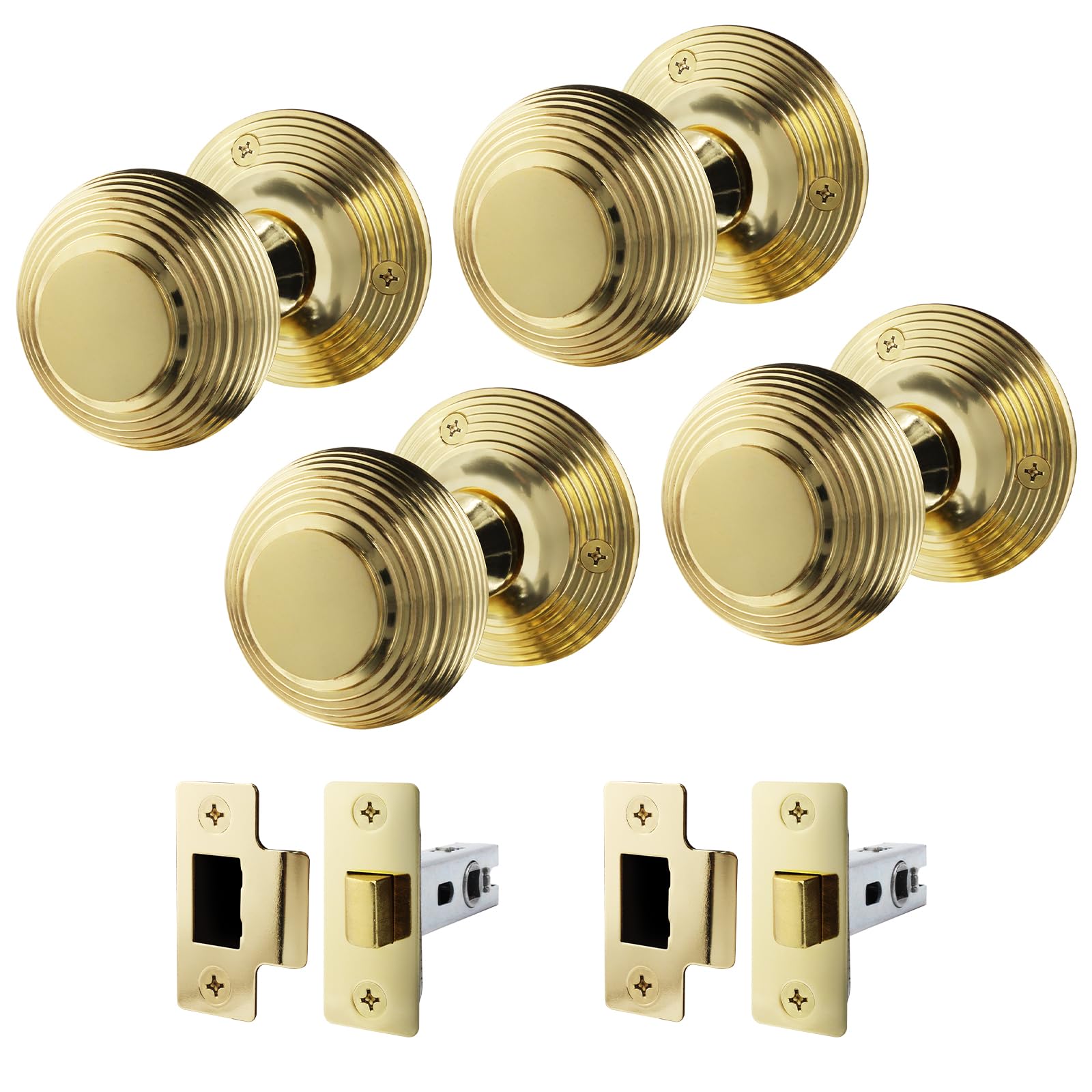 EAI Beehive Door Knob Set Polished Brass | 2 Pairs of Reeded Mortice Knobs (55mm) & Latch (76mm) for Internal Doors