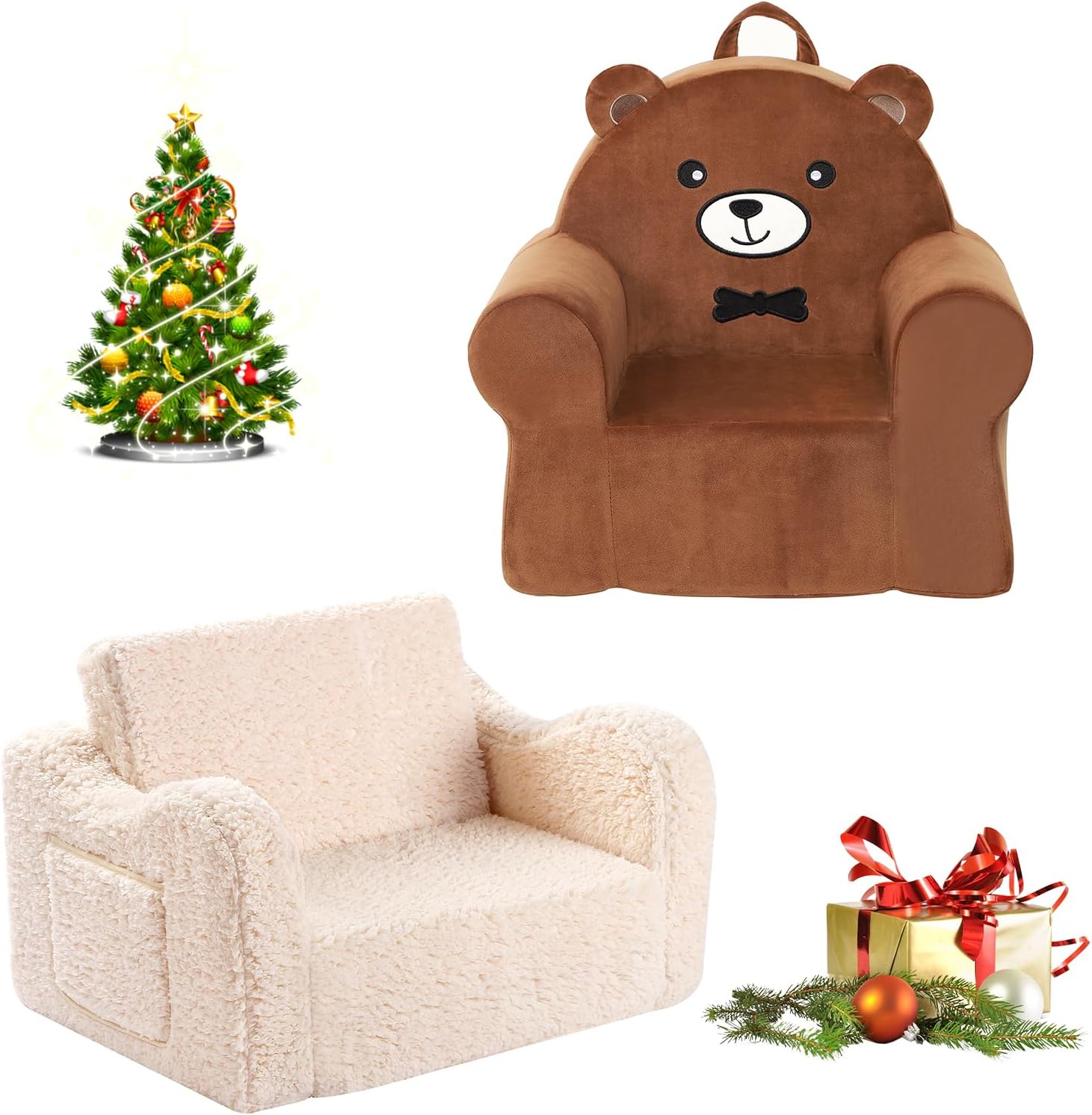 2-in-1 Toddler Soft Sherpa Couch Fold Out and Teddy Bear Toddler First Chair