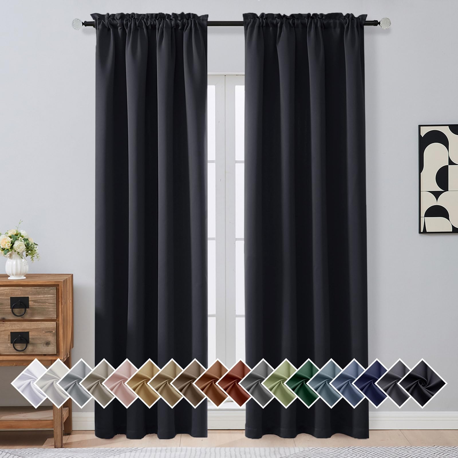 OVZME Black Blackout Curtains for Bedroom 90 Inches Long 2 Panels, Thermal Insulated Soft Fabric Solid Privacy Curtains for Living Room, Rod Pocket Modern Window Treatments, 2x40Wx90L Inches