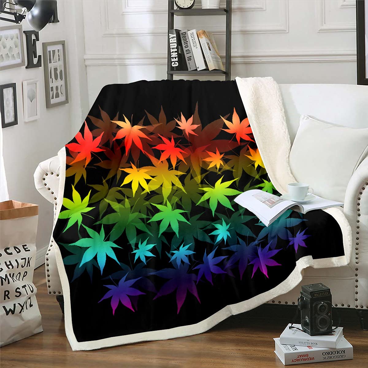 Homemissing Tropical Leaves Plush Blanket Colorful Leaf Sherpa Blanket for Kids Boys Girls Watercolor Botanical Branches Fleece Throw Blanket Nature for Sofa Bed,Double 60x79 Inch