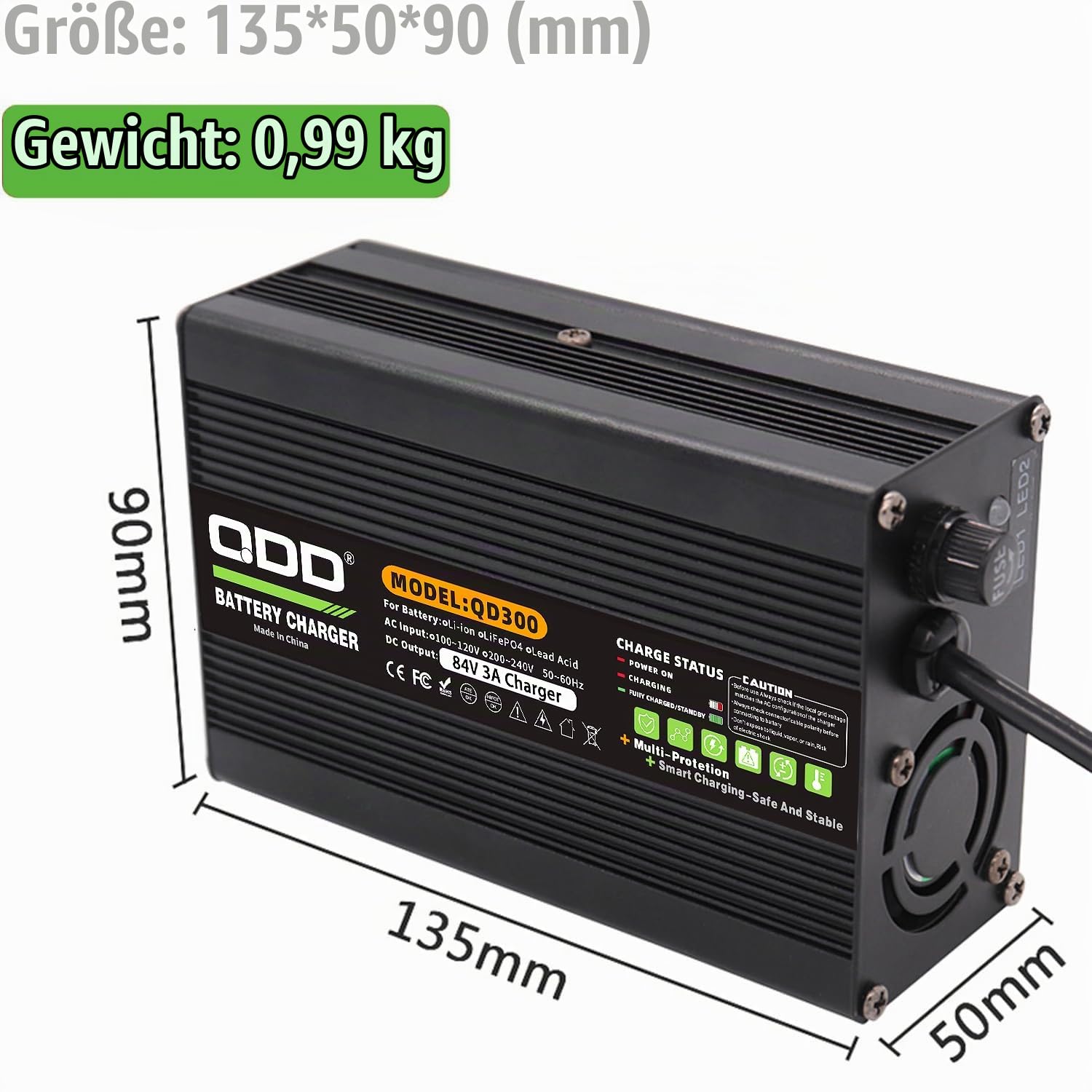 QDD 84 V 3 A Ladegerät 72 V Li-Ionen-Akku Smart-Ladegerät für 20 S 72 V Li-Ionen-Akku High Power mit Lüfter Aluminiumgehäuse